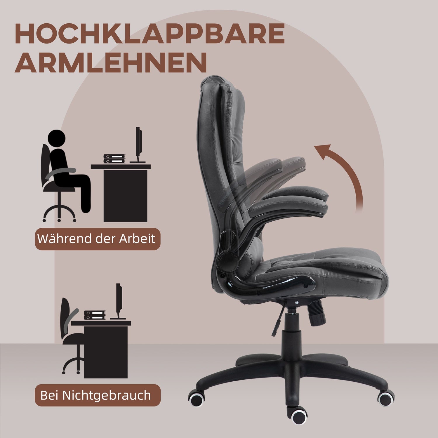 Ergonomické kancelářské křeslo s otočnými a sklopnými područkami, tmavě šedé