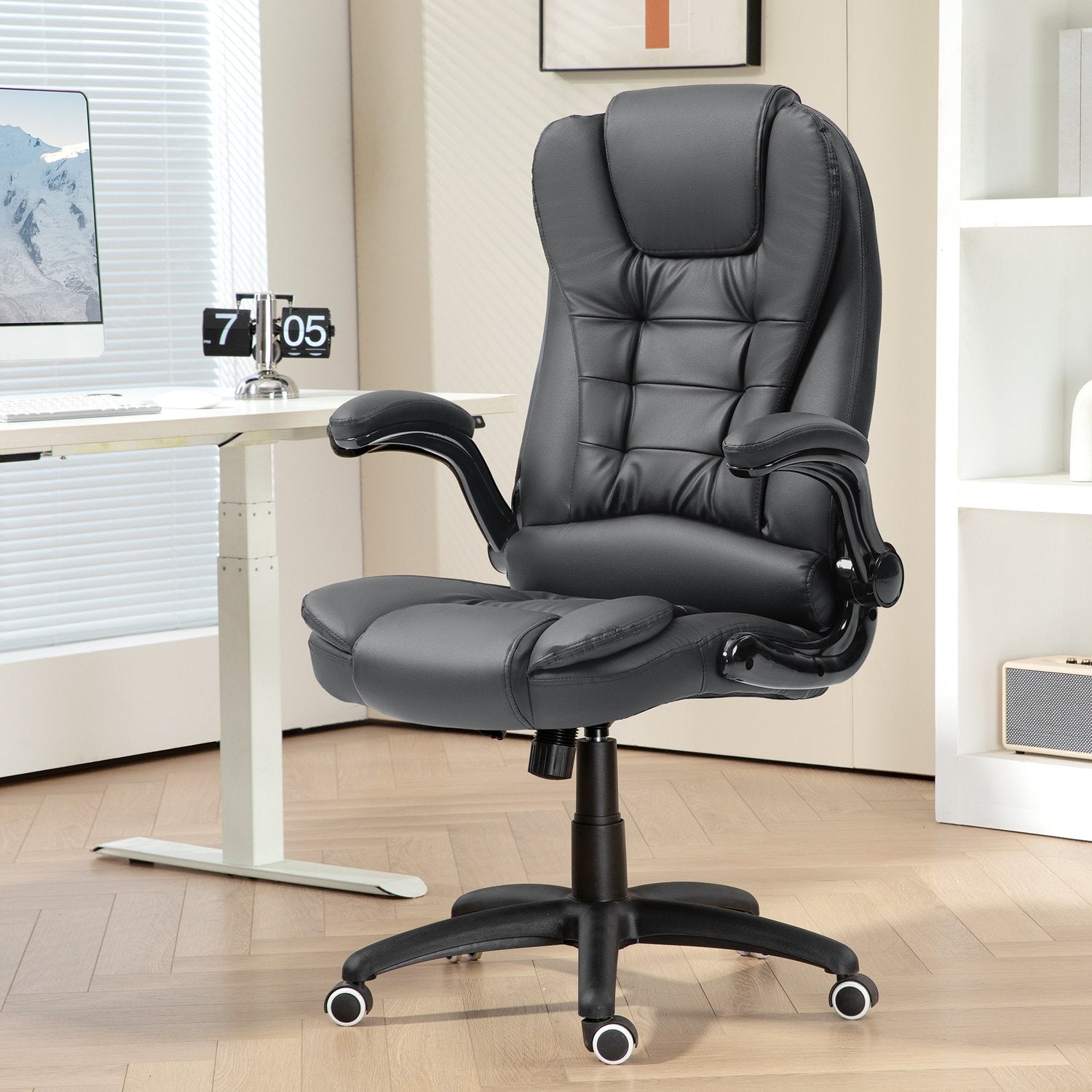Ergonomické kancelářské křeslo s otočnými a sklopnými područkami, tmavě šedé
