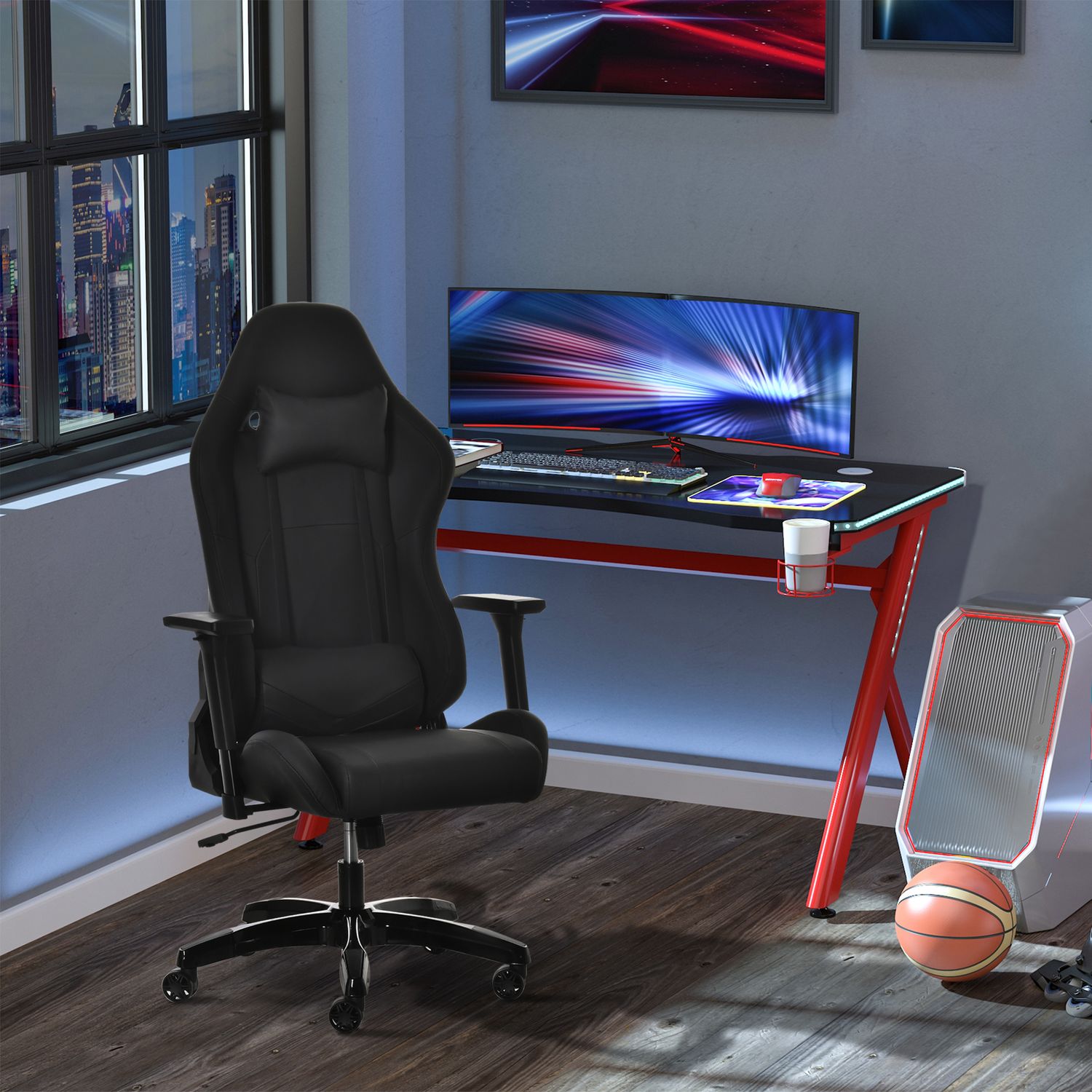Ergonomisk lutande spelstol, konstläder, justerbar höjd