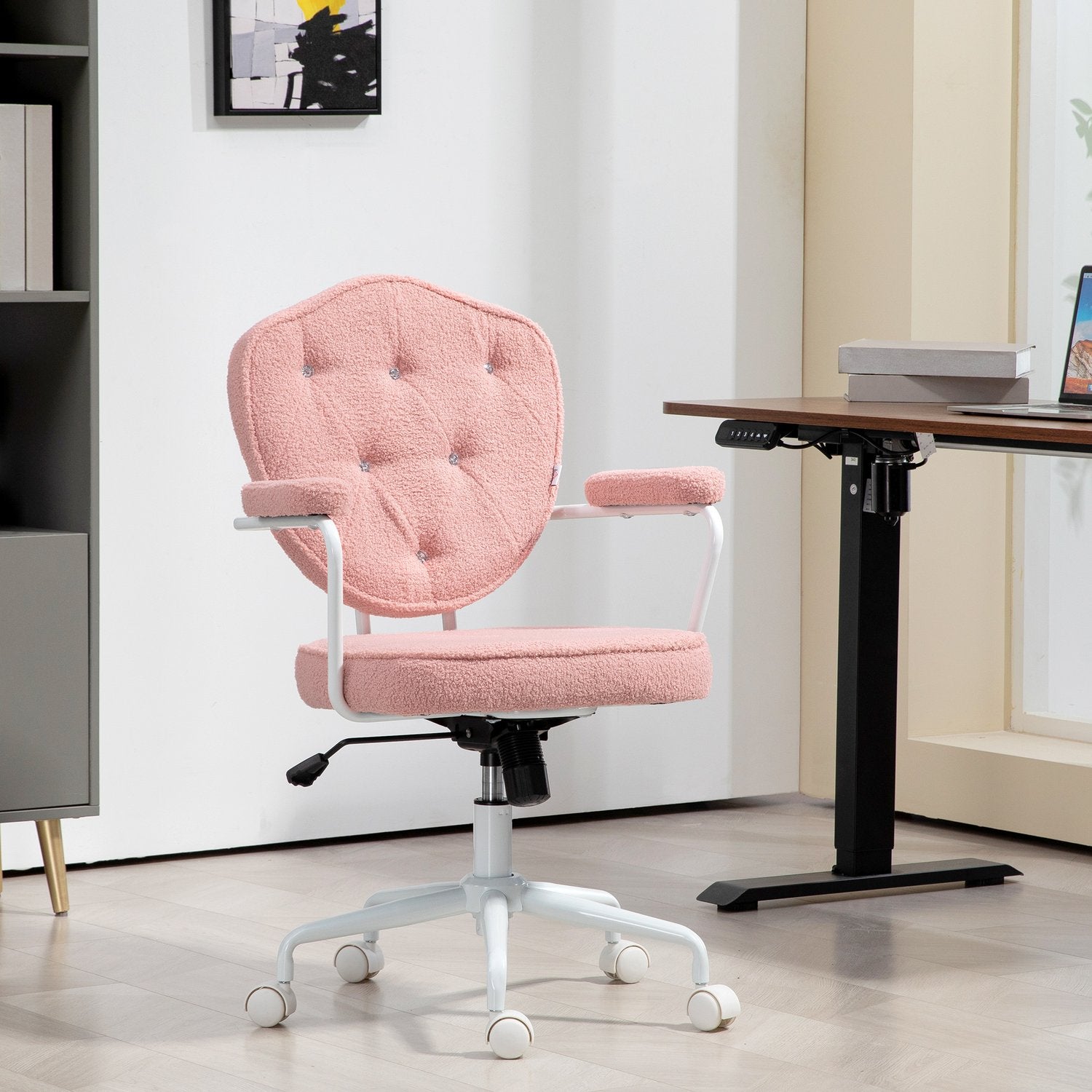 Ergonomisk rosa kontorsstol, Teddy Fleece, höjdjusterbar