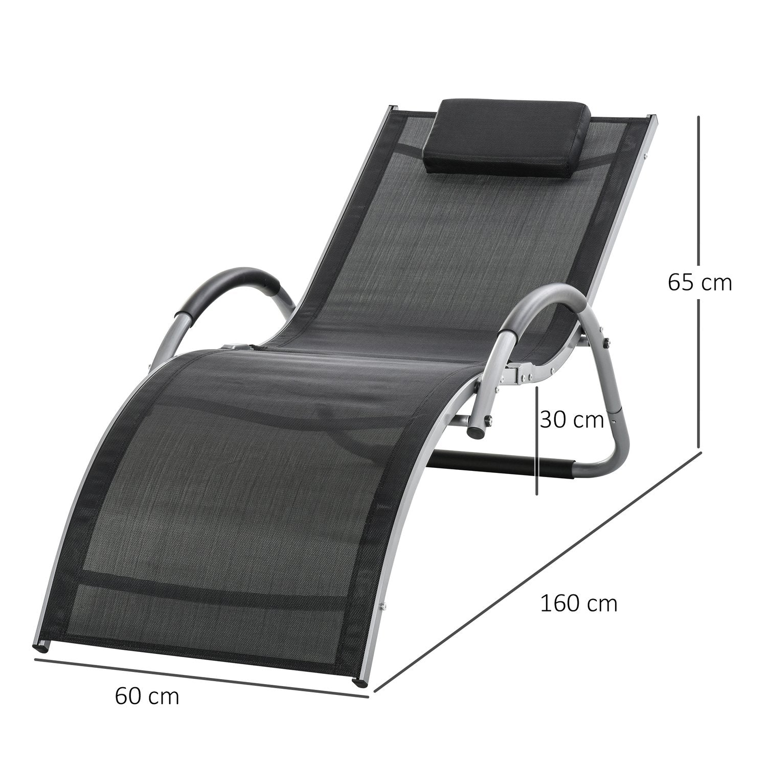 Ergonomisk solstol i aluminium med kuddar, svart 160x60x65 cm