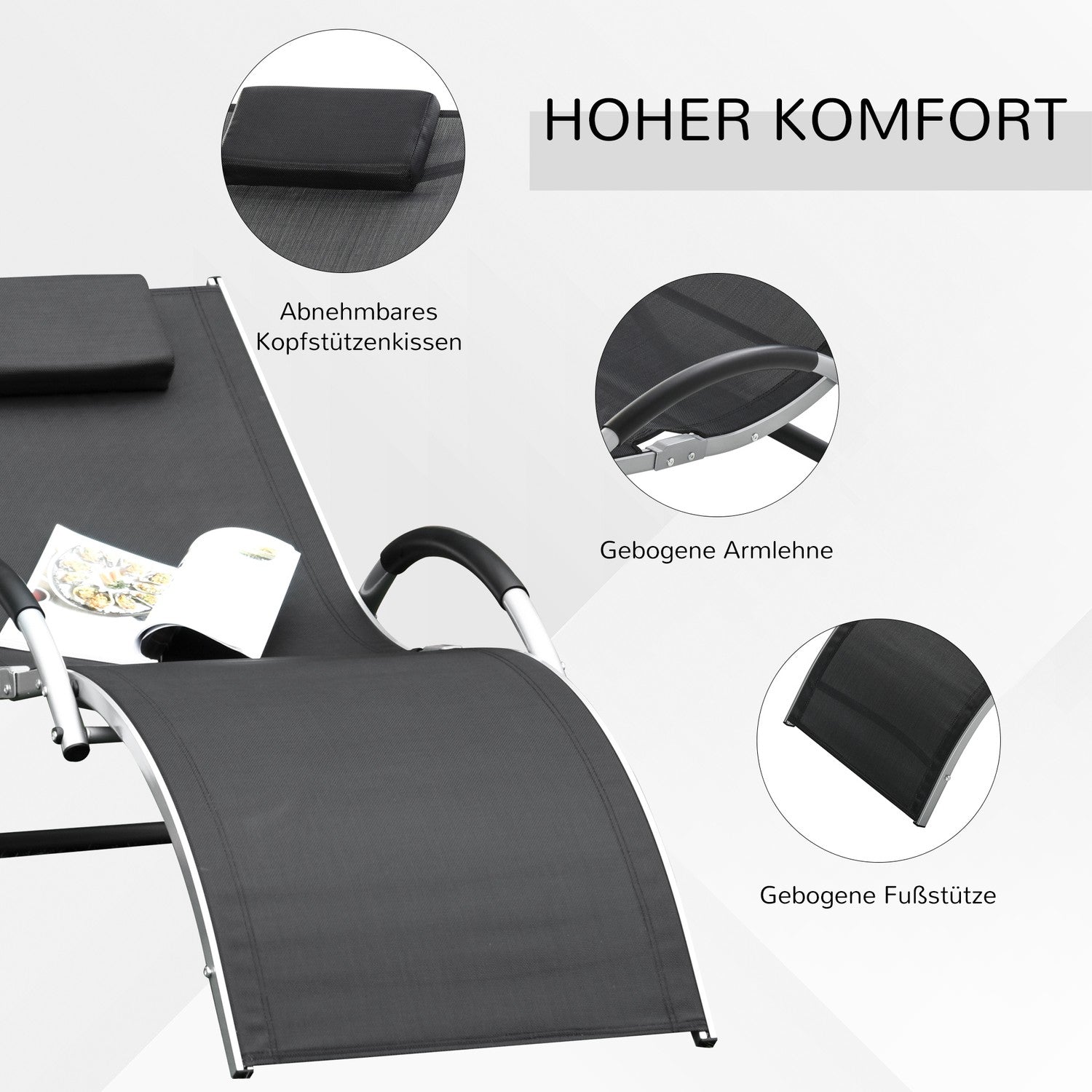 Ergonomisk solstol i aluminium med kuddar, svart 160x60x65 cm