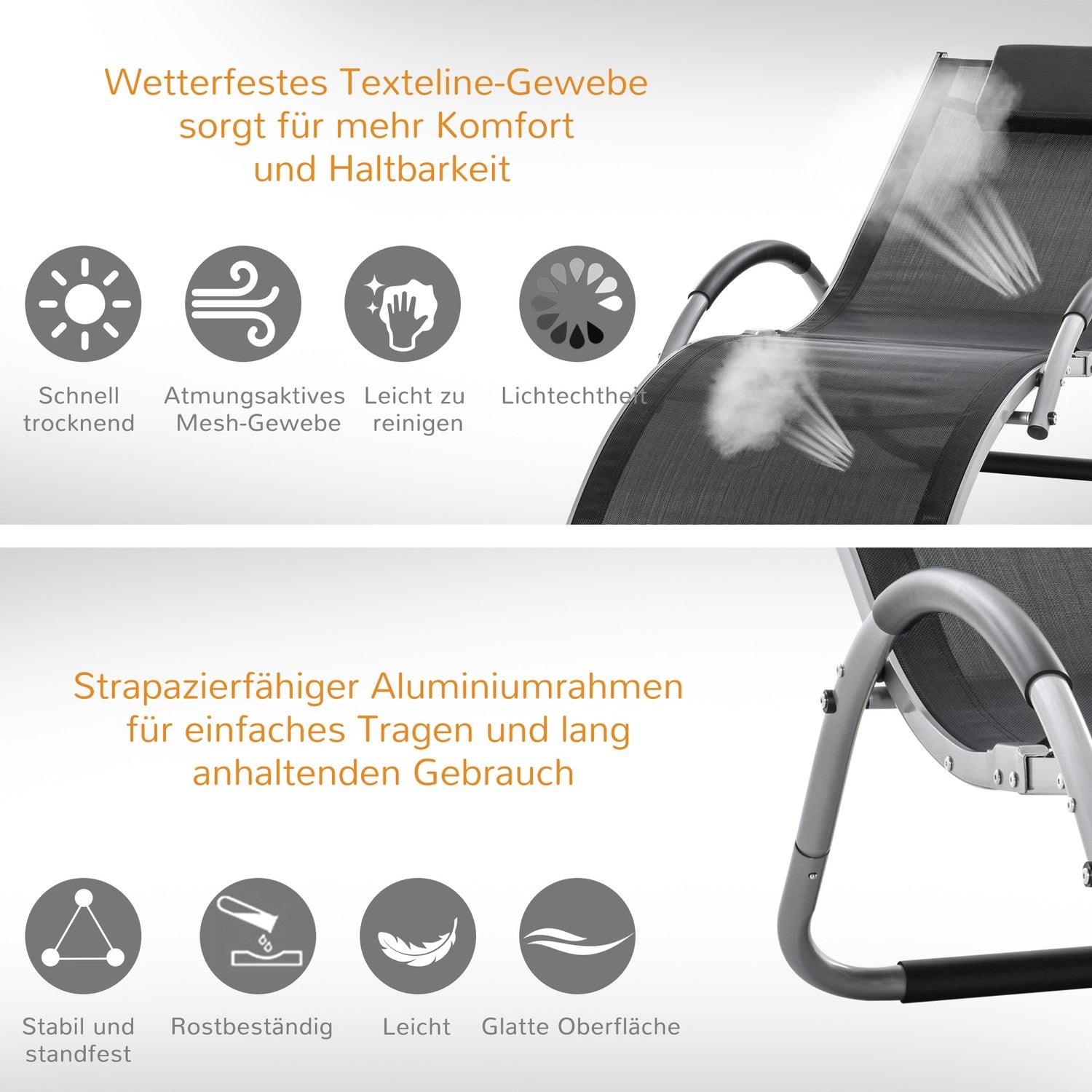Ergonomisk solstol i aluminium med kuddar, svart 160x60x65 cm