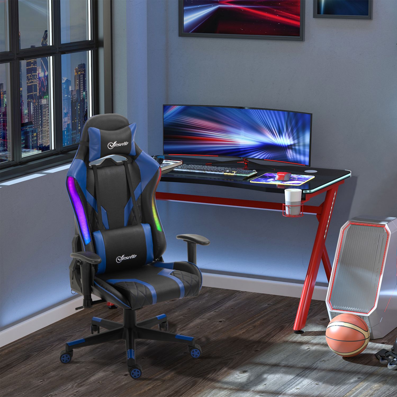 Ergonomisk spelstol med LED, justerbart armstöd, hög rygg