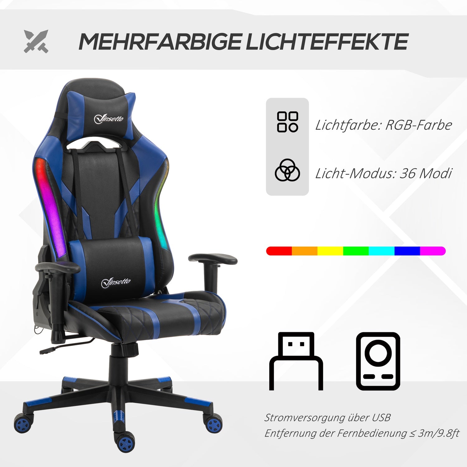 Ergonomisk spelstol med LED, justerbart armstöd, hög rygg