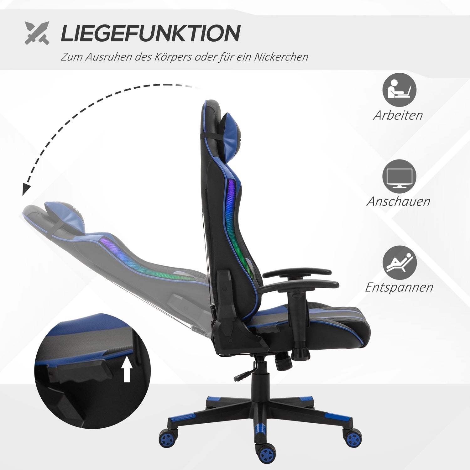 Ergonomisk spelstol med LED, justerbart armstöd, hög rygg