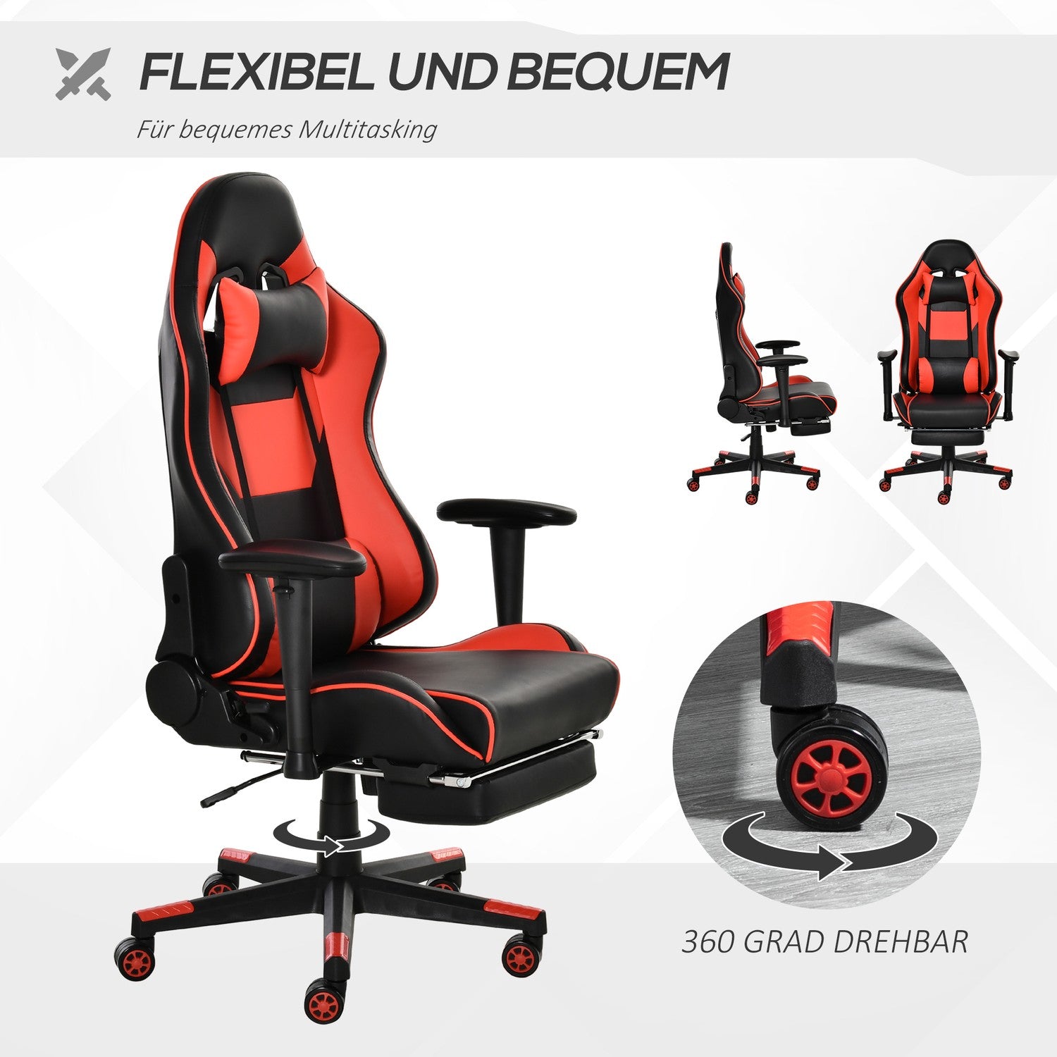 Ergonomisk spelstol med fällbart fotstöd, svart