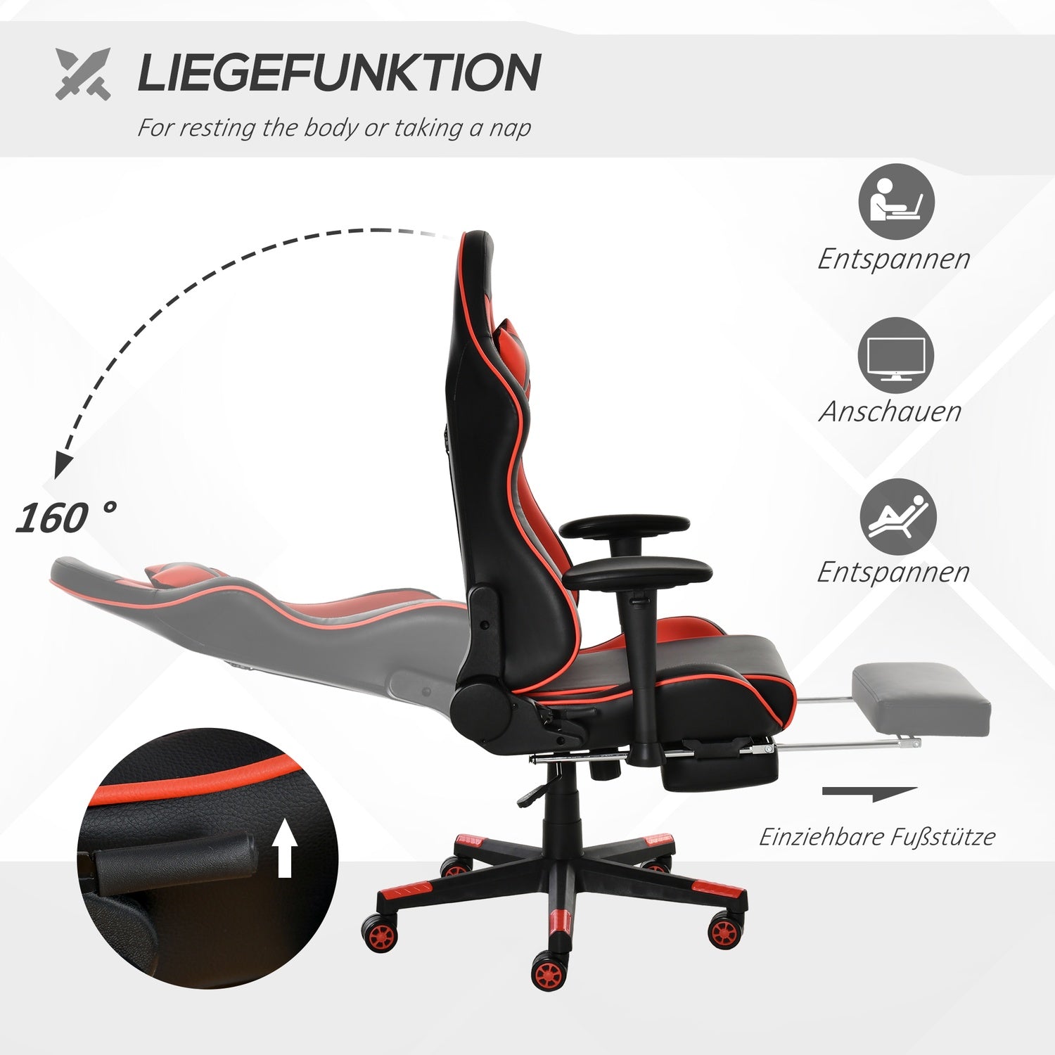 Ergonomisk spelstol med fällbart fotstöd, svart