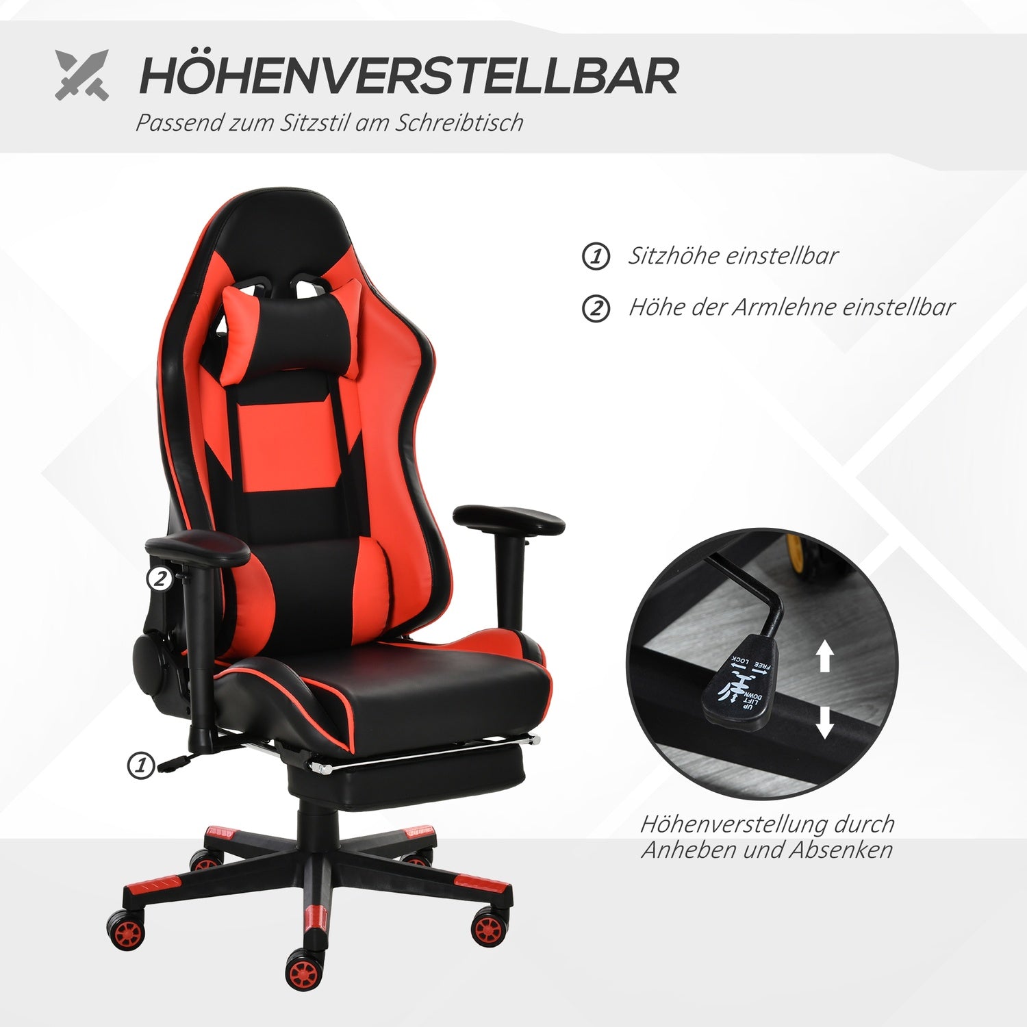 Ergonomisk spelstol med fällbart fotstöd, svart