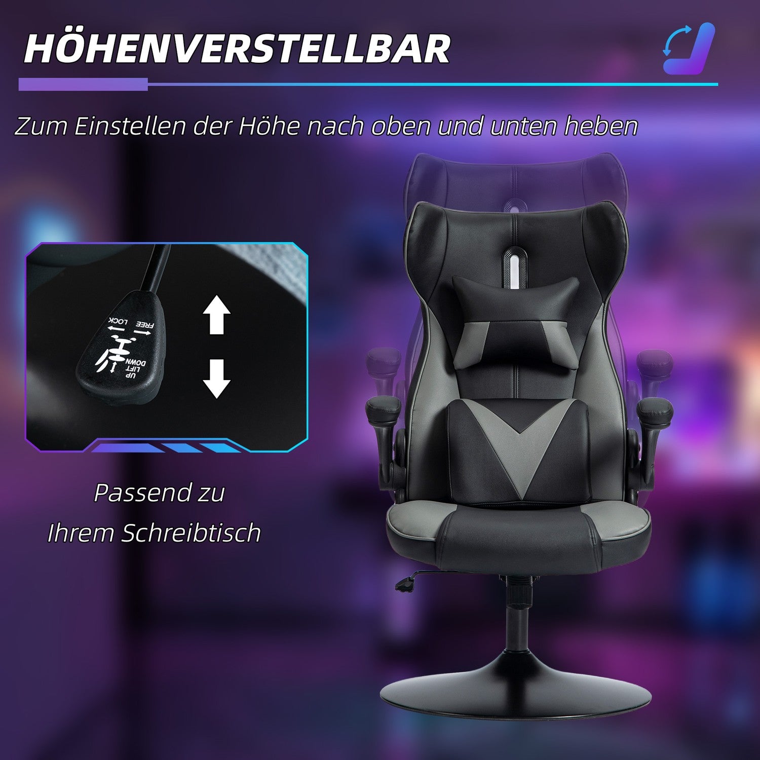 Ergonomické herní křeslo s houpacím mechanismem a bederním polštářem, černé/šedé