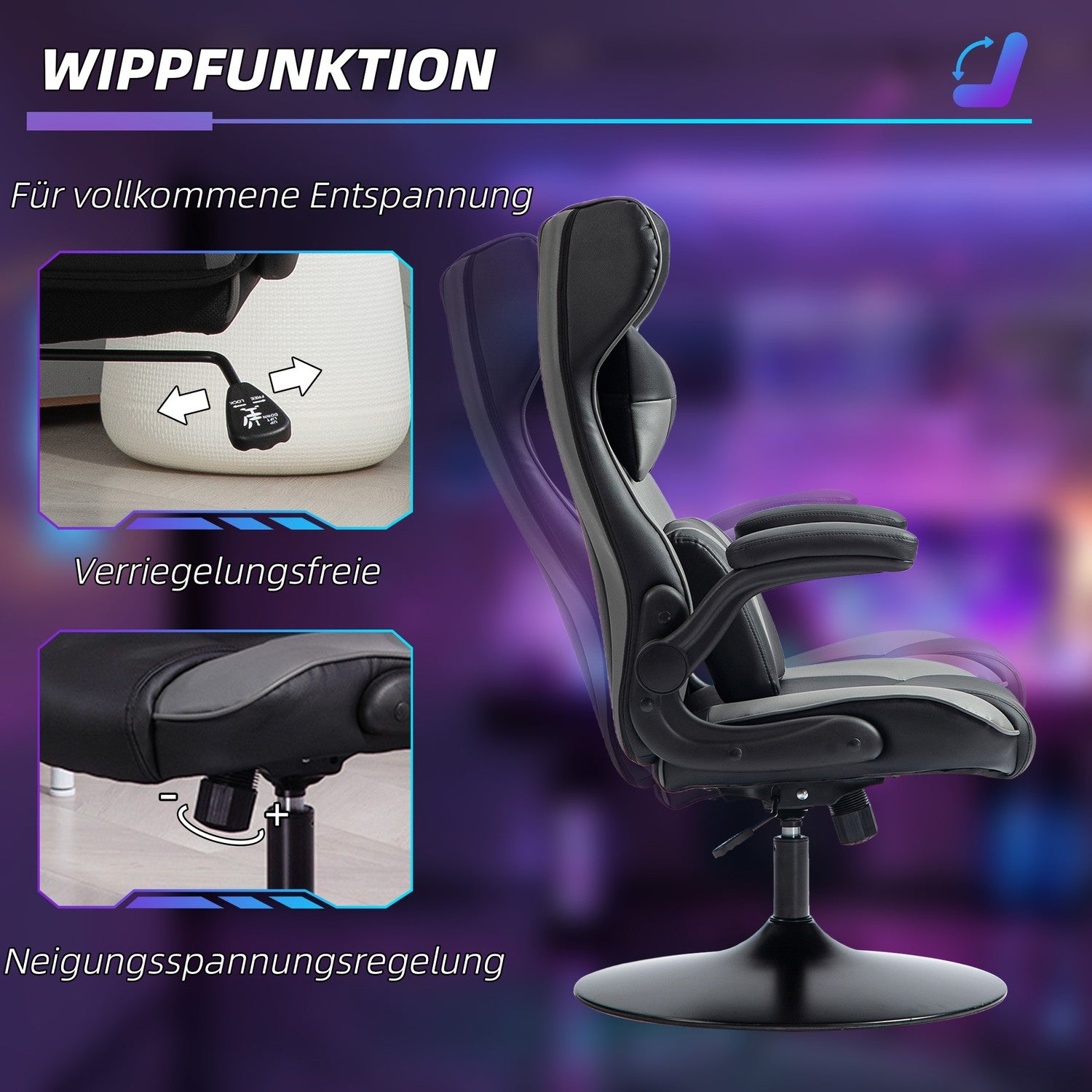 Ergonomické herní křeslo s houpacím mechanismem a bederním polštářem, černé/šedé