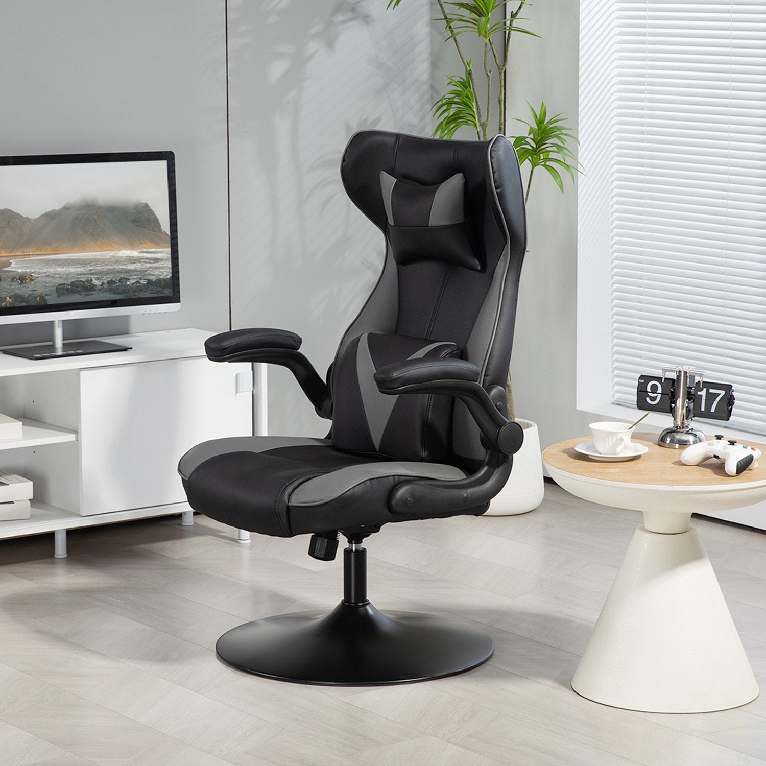 Ergonomické herní křeslo s houpacím mechanismem a bederním polštářem, černé/šedé