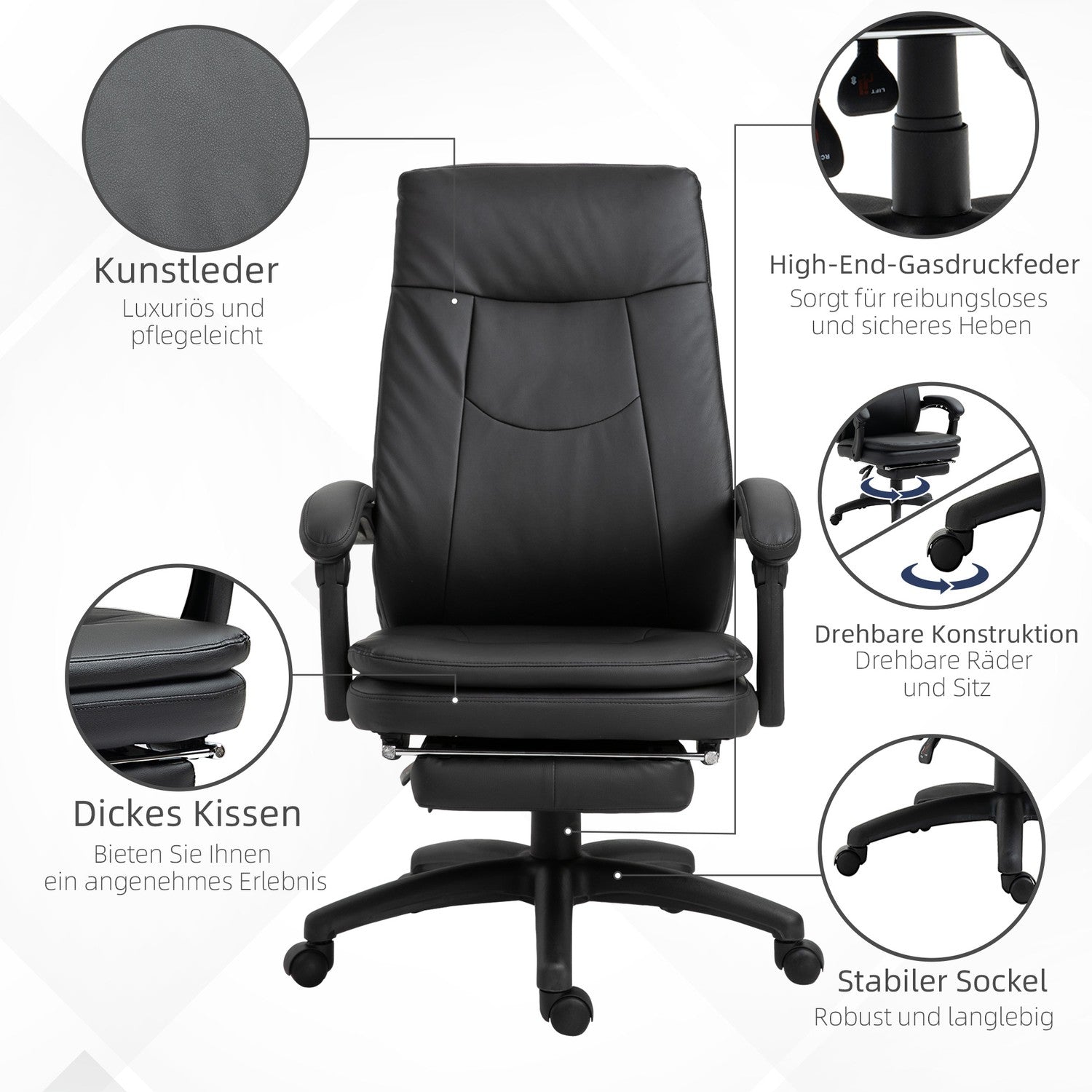 Ergonomisk svart kontorsstol med fotstöd, vadderat ryggstöd