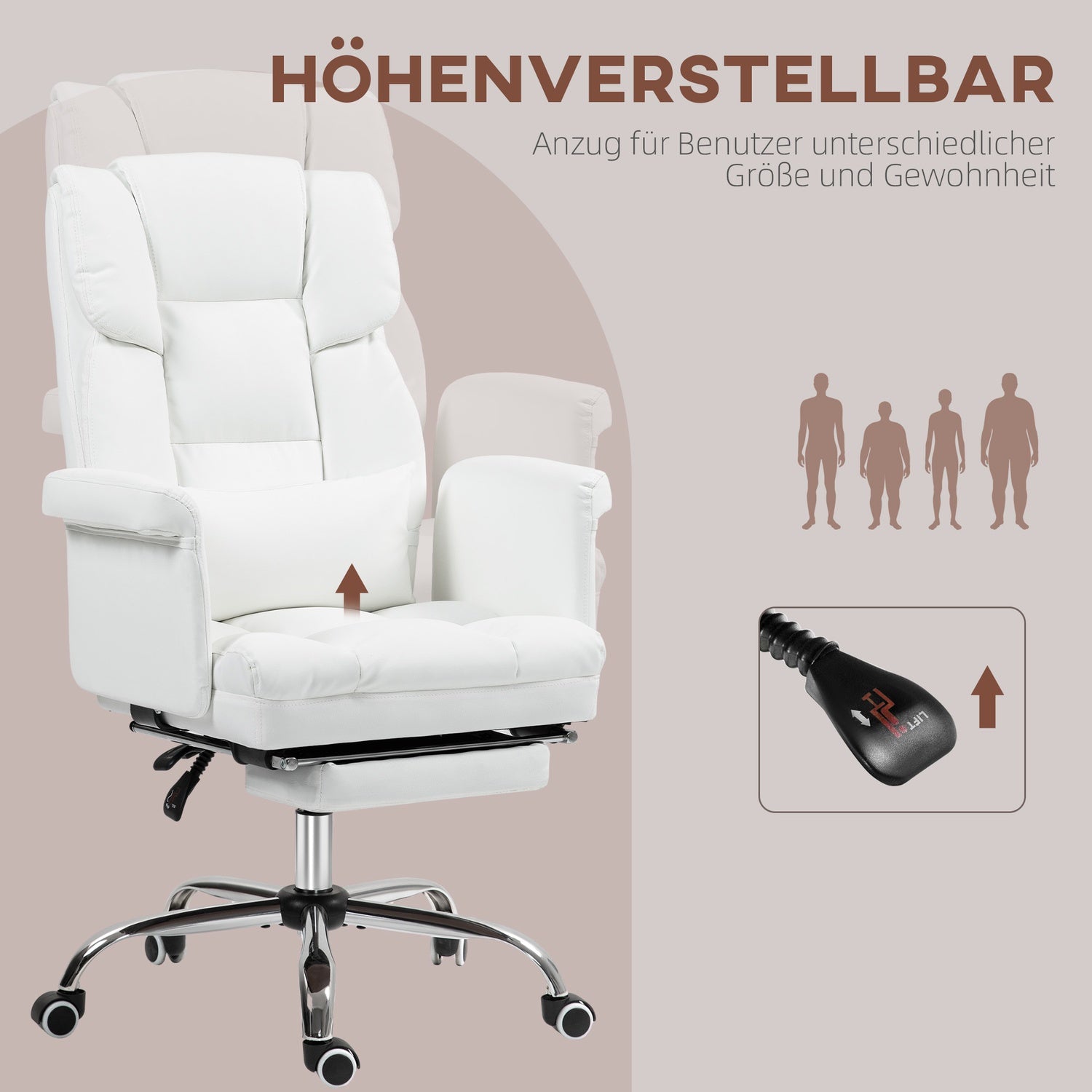 Ergonomisk vit kontorsstol, liggande & vridbar, svankstöd