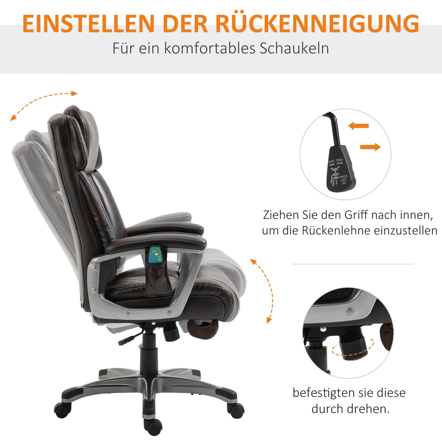 Ergonomisk vridbar kontorsstol, 6-punktsmassage, brunt läder
