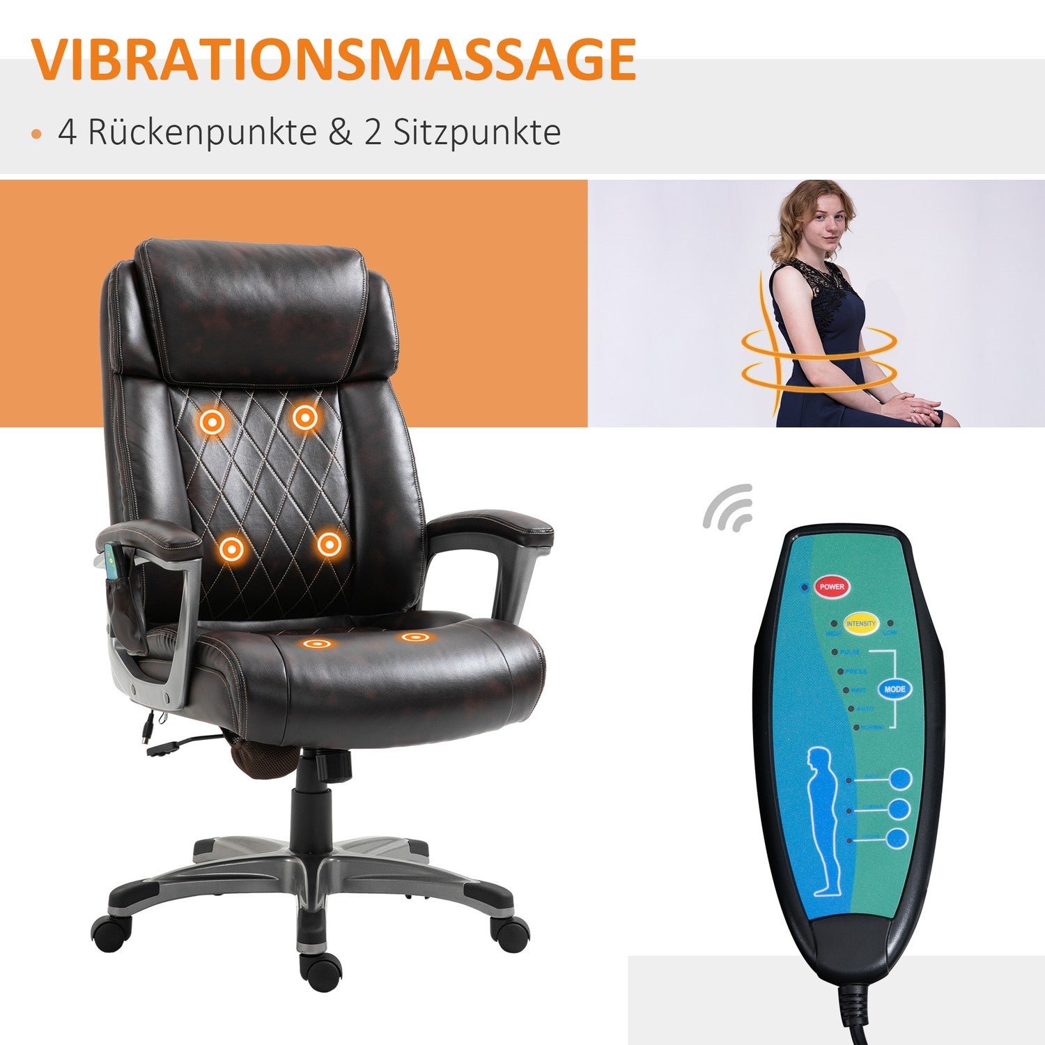 Ergonomisk vridbar kontorsstol, 6-punktsmassage, brunt läder