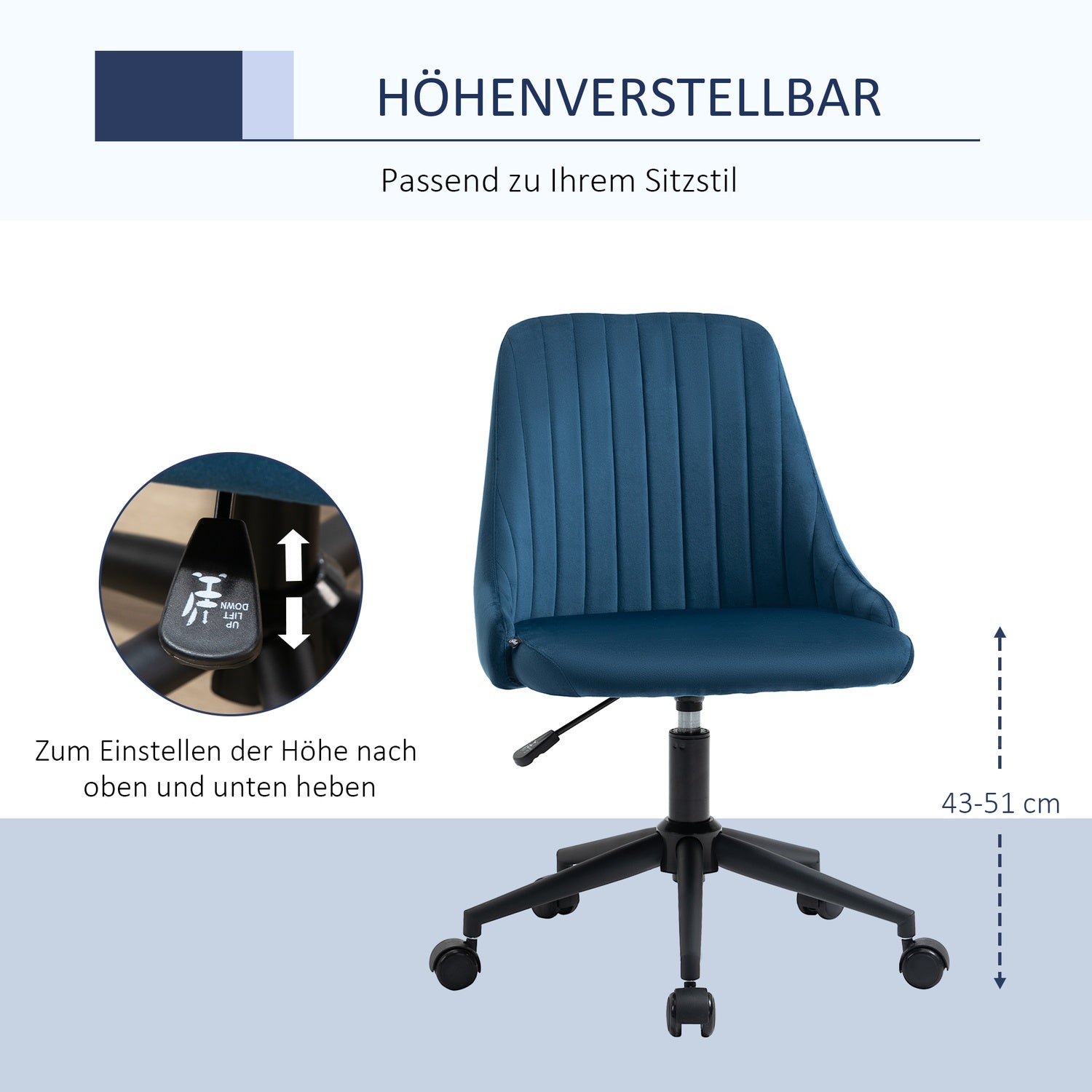 Ergonomisk vridbar skrivbordsstol, justerbar sammetsblå