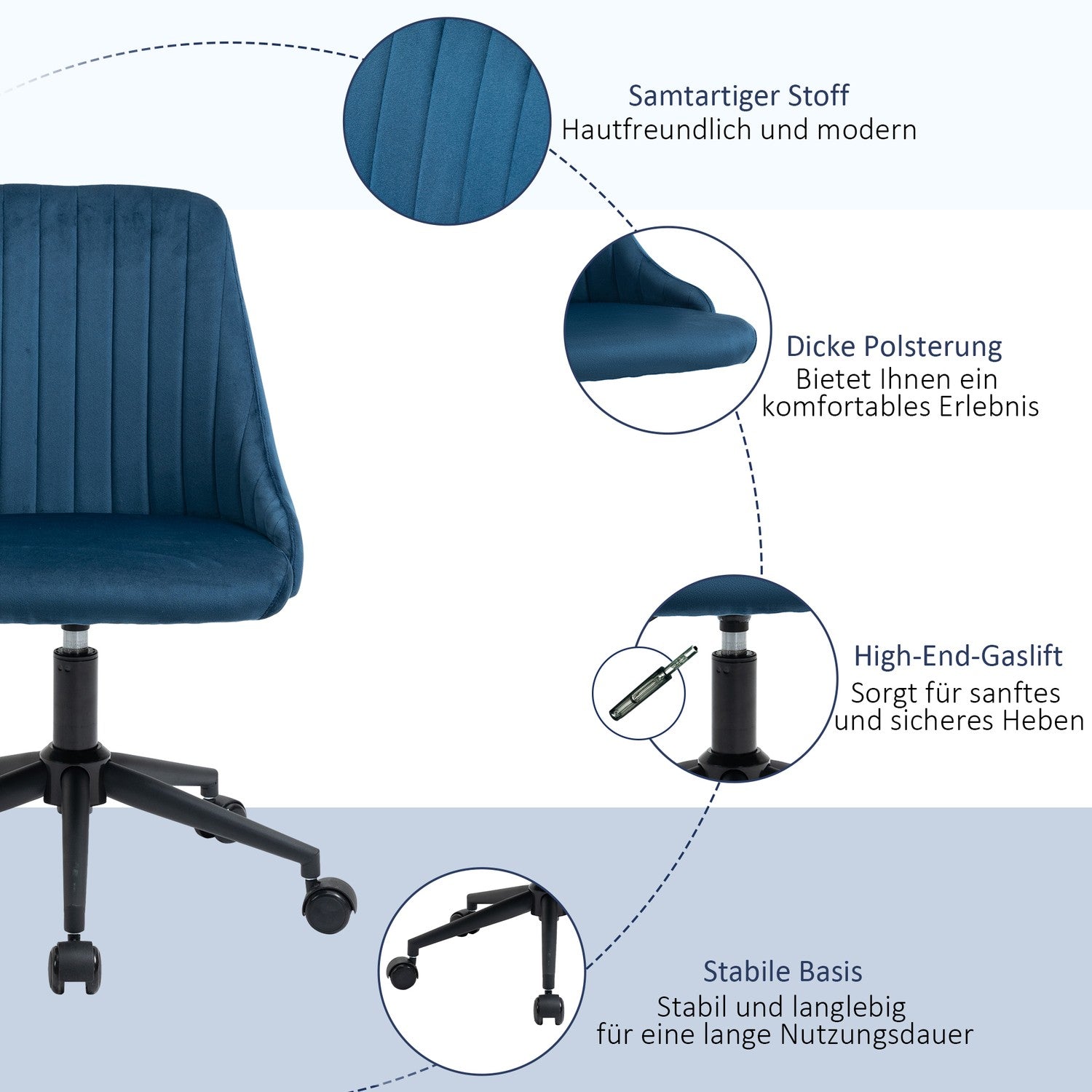 Ergonomisk vridbar skrivbordsstol, justerbar sammetsblå
