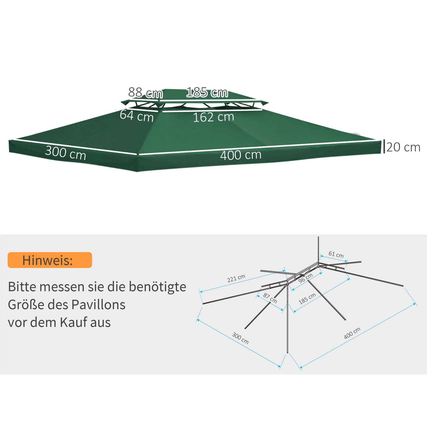 Ersättningsgazebo tak, 3x4M polyester, grön