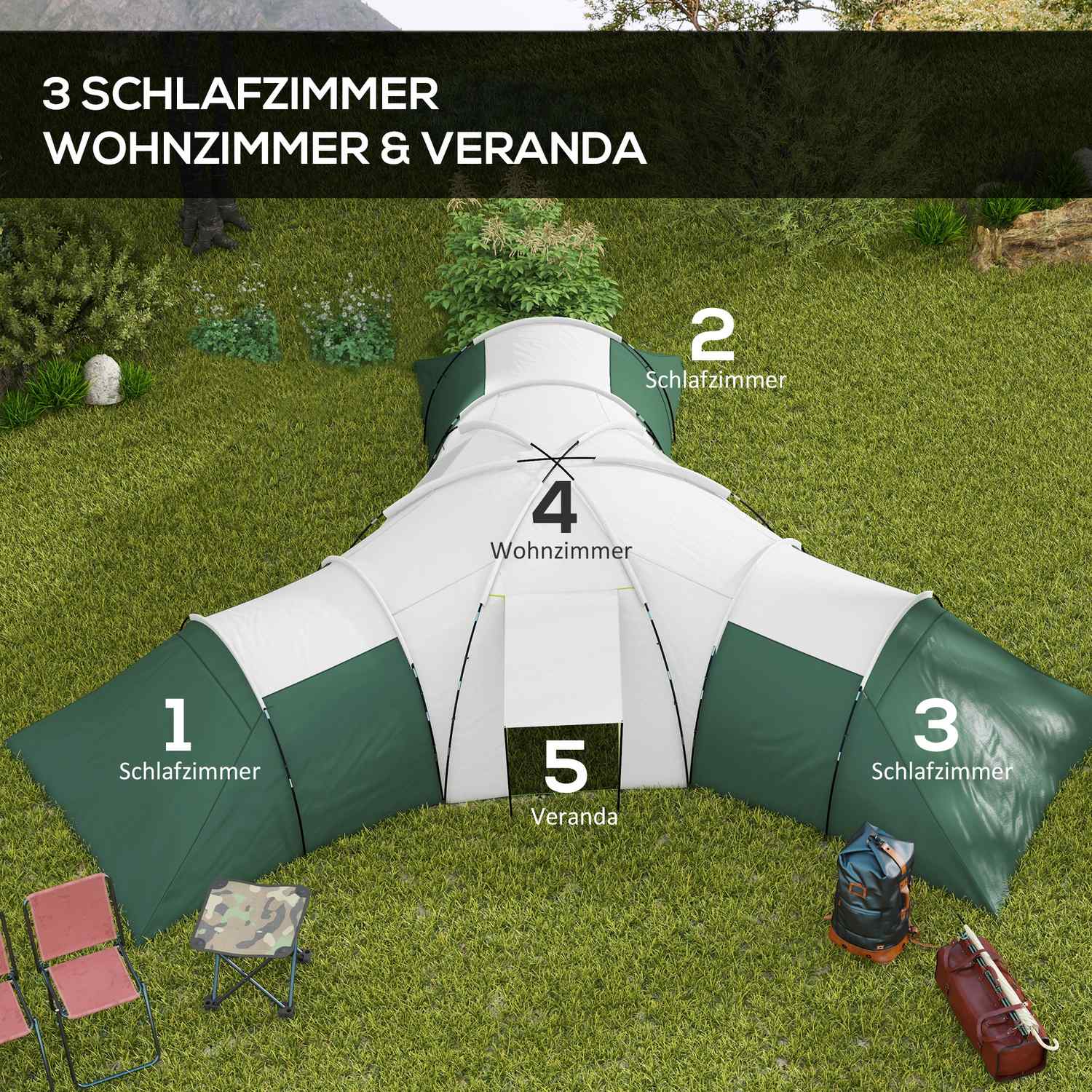 Rodinný tunelový kempingový stan pro 6–9 osob, 3 ložnice, zelený, voděodolnost 2000 mm