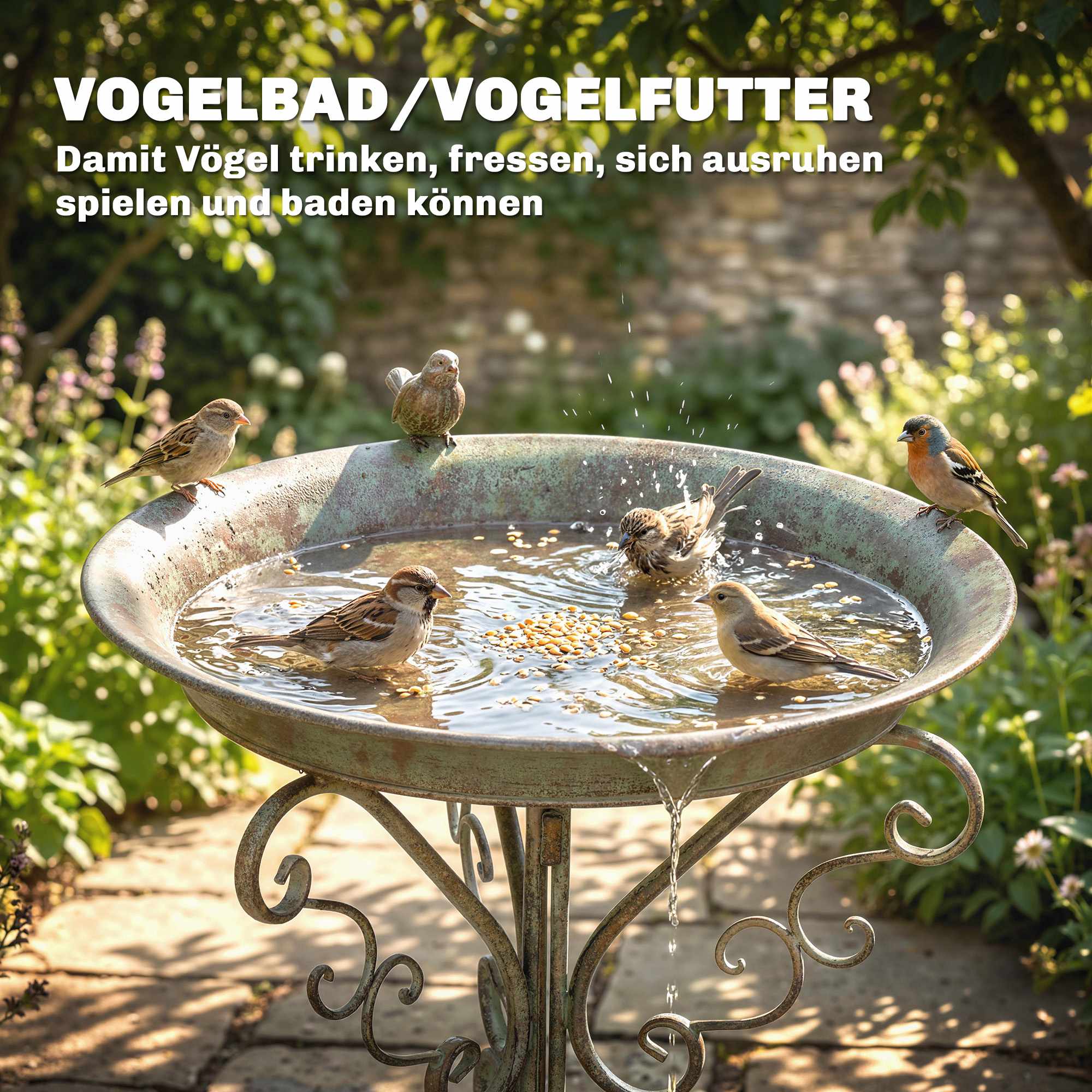 Fågelbad i metall, vintagegrönt, 75 cm högt, rostbeständigt
