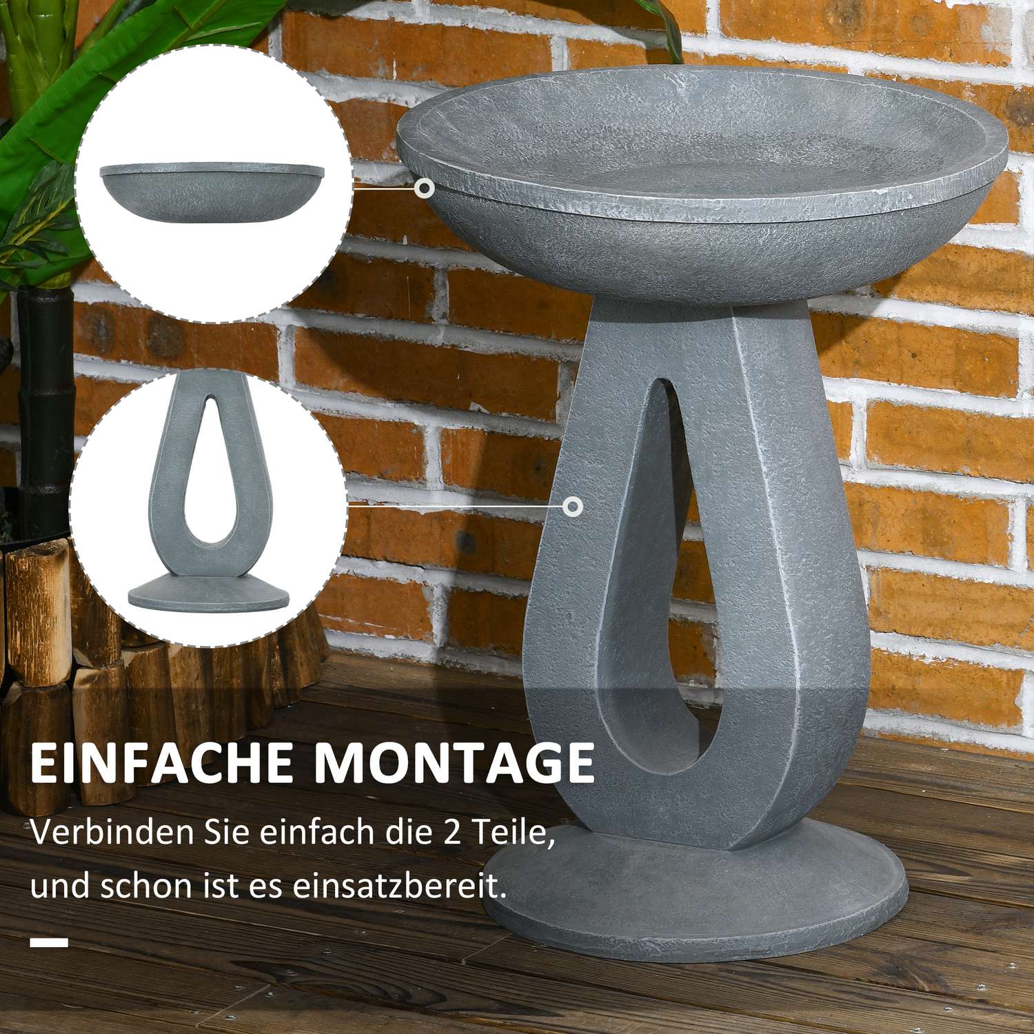 Ptačí pítko a krmítko, vzhled kamene, šedé, 51 cm, pro zahradu