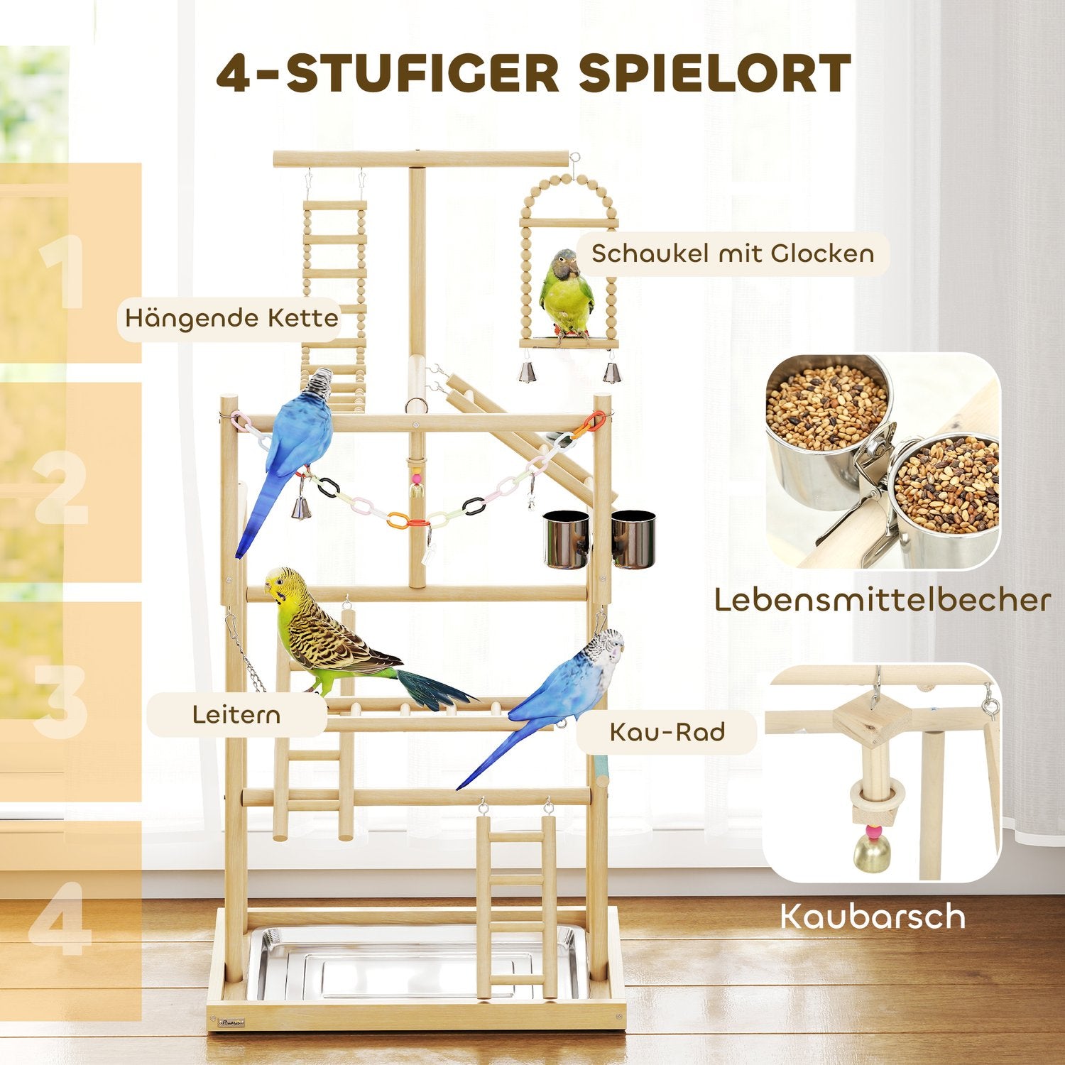 Fågellekställ, 4 nivåer, rostfritt stålbricka, naturligt trä