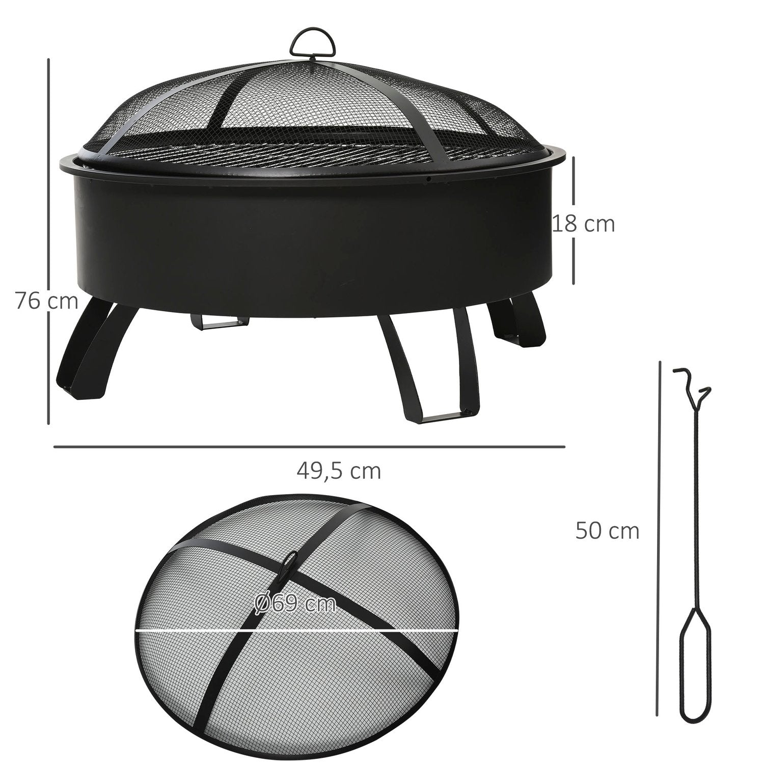 Fire Pit & BBQ Grill med gnistskydd, svart Ø76 cm
