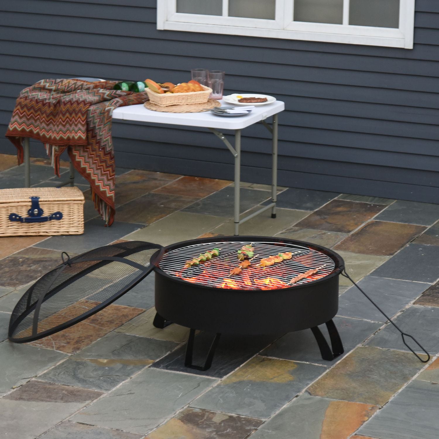 Fire Pit & BBQ Grill med gnistskydd, svart Ø76 cm