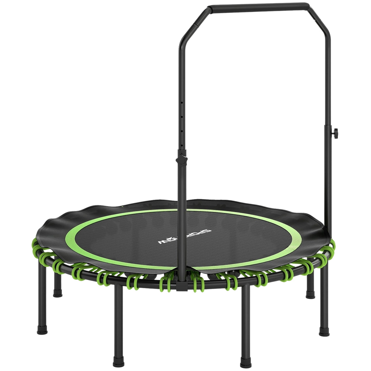 Fitness trampolína s nastavitelnou rukojetí, pro použití v interiéru i exteriéru, zelená