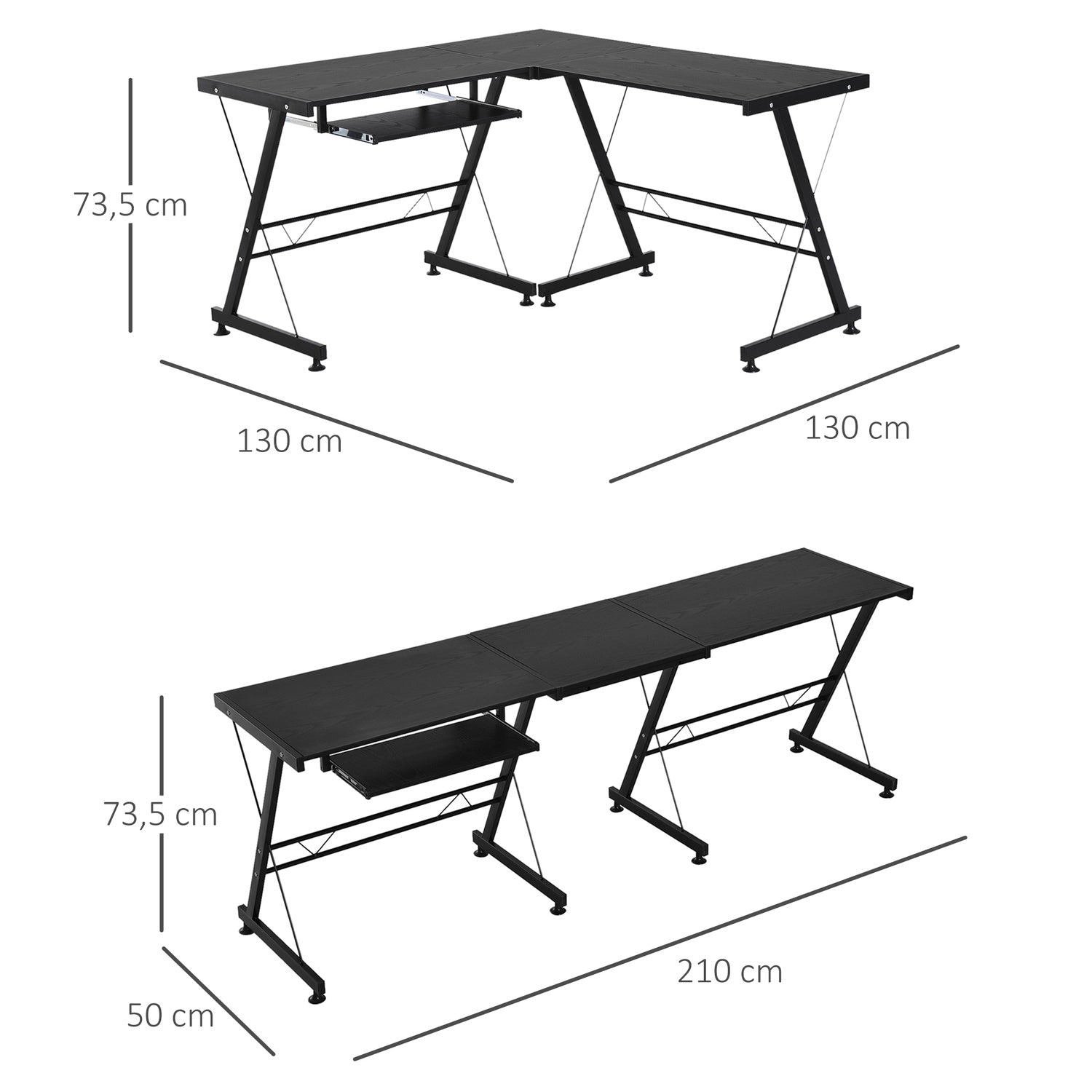 Flexibelt datorbord – svart MDF & stål, 210x50x73,5 cm