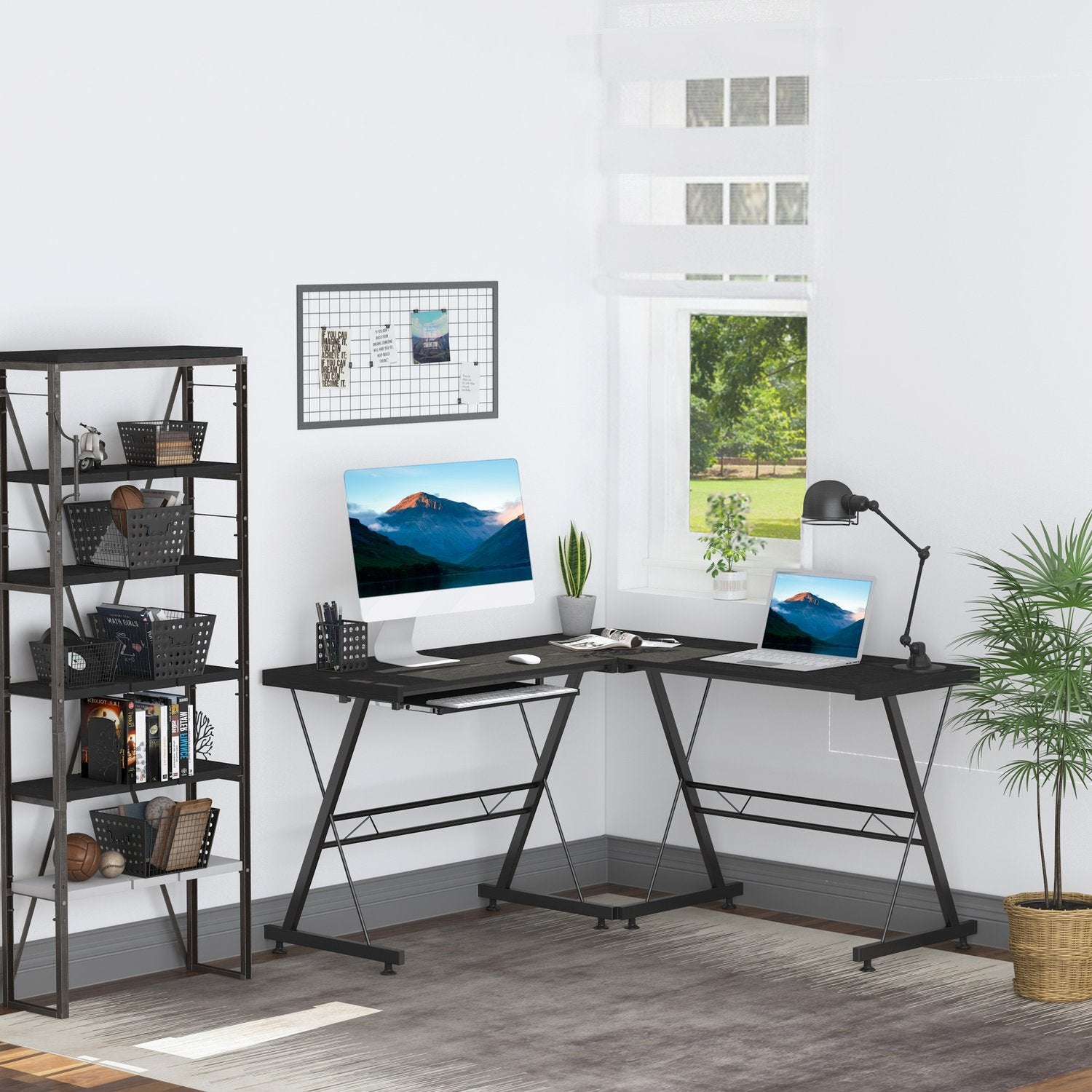 Flexibelt datorbord – svart MDF & stål, 210x50x73,5 cm