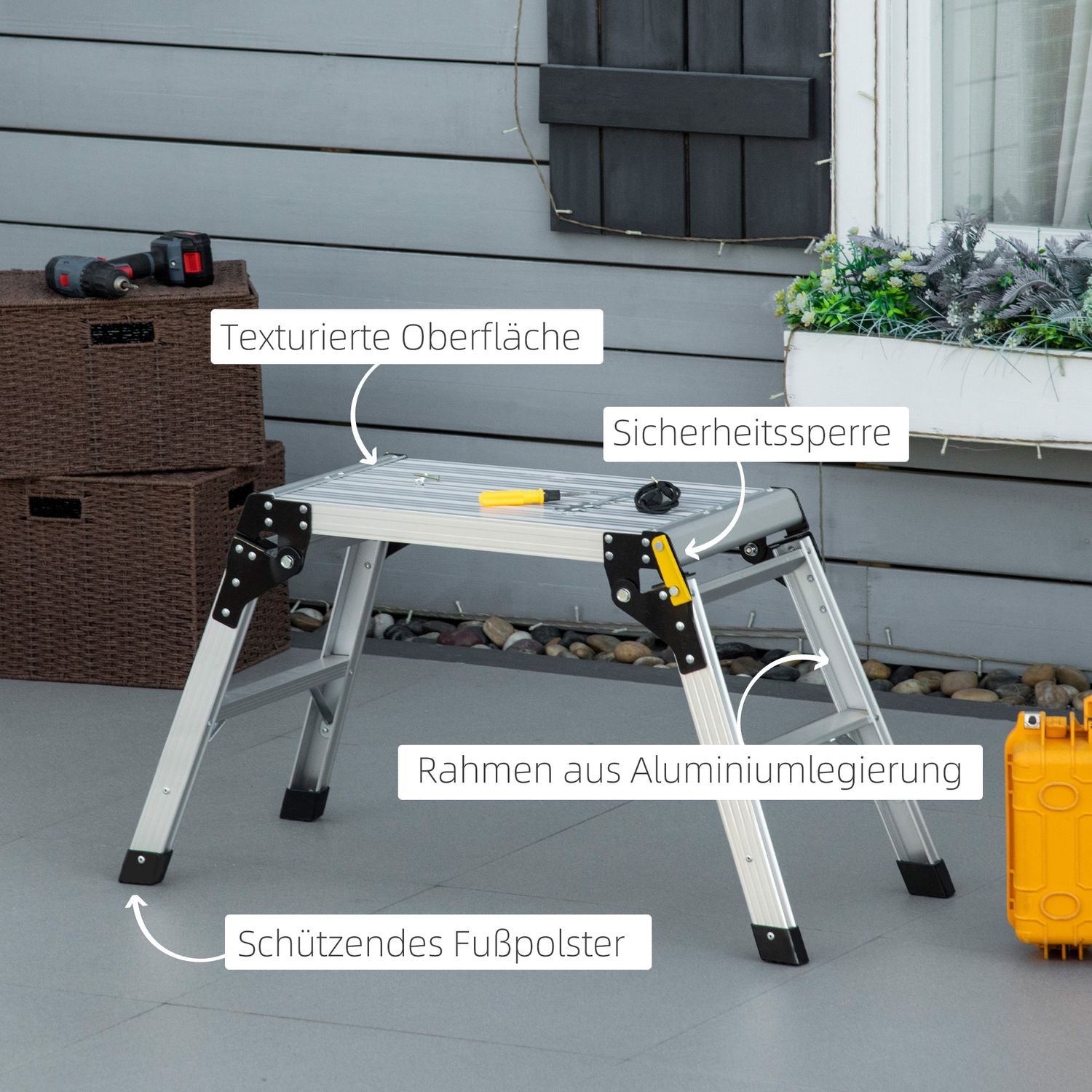 Fällbar arbetsbänk och plattform, aluminium, 150 kg kapacitet