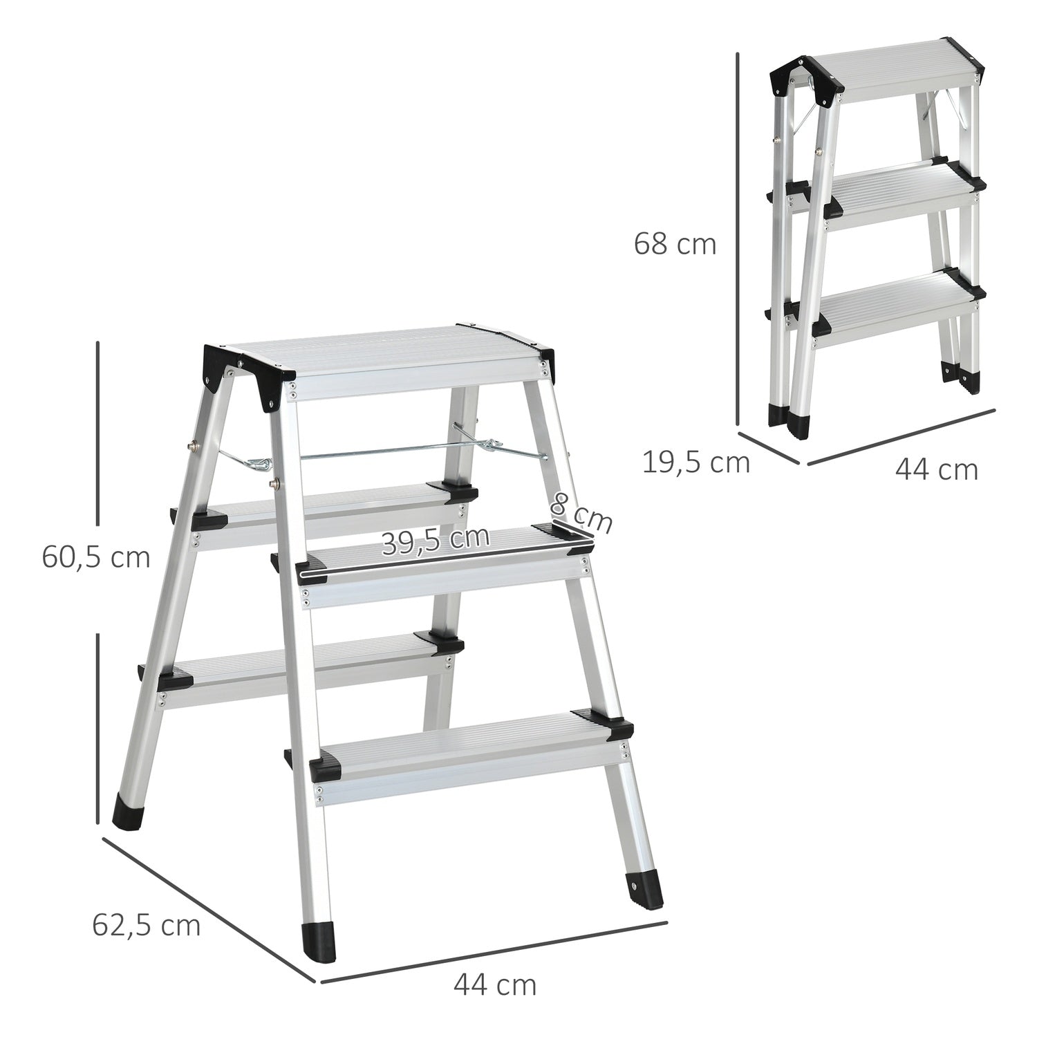 Fällbar stege i aluminium, utrymmesbesparande, 3 steg, halkfri