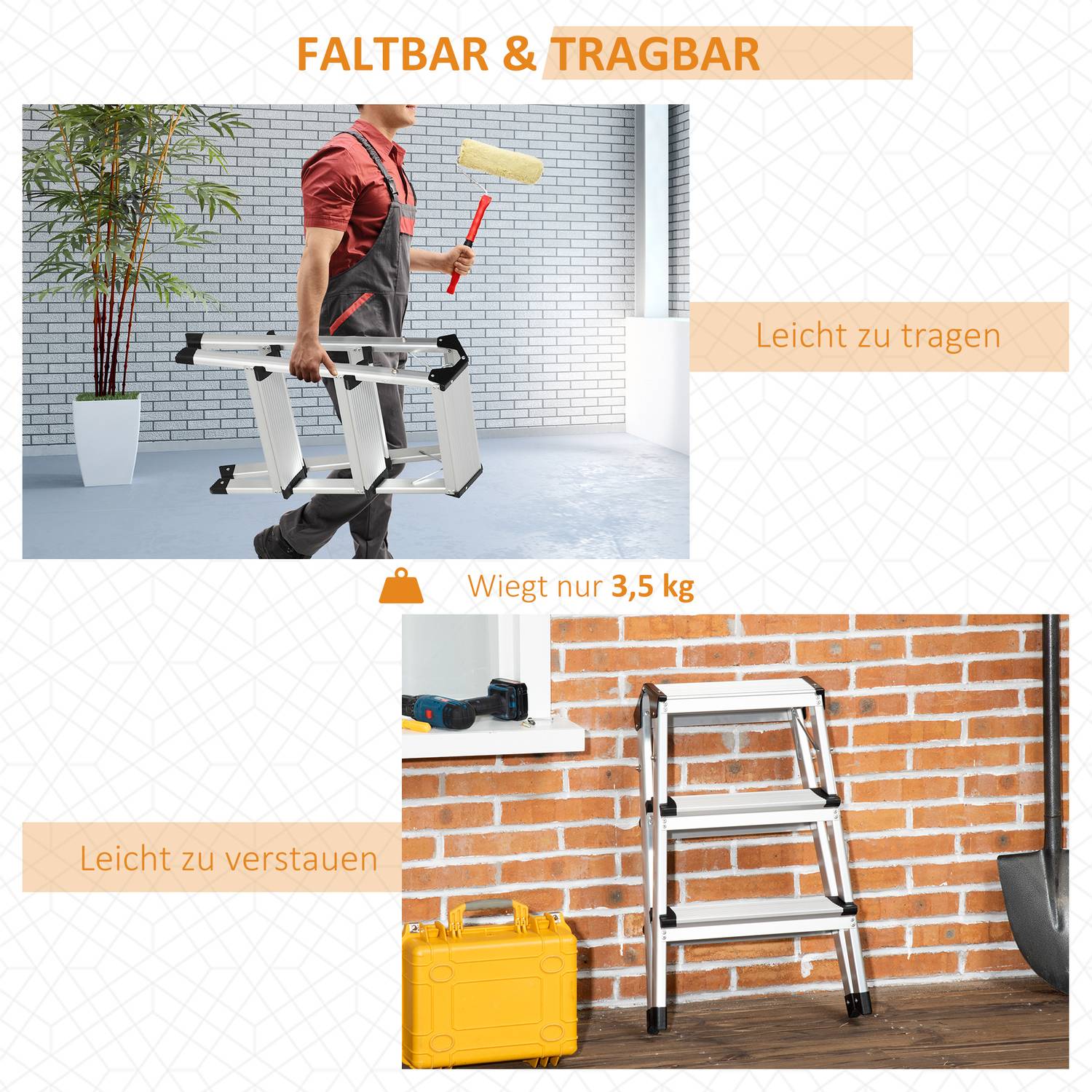 Fällbar stege i aluminium, utrymmesbesparande, 3 steg, halkfri