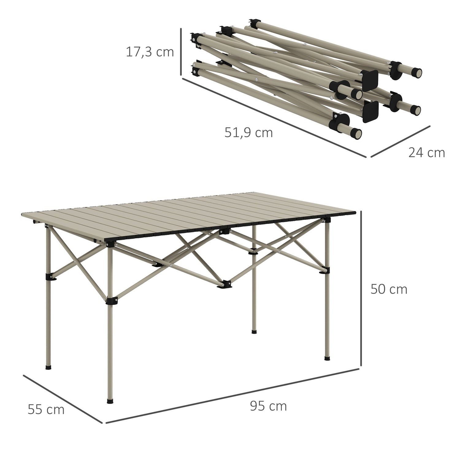 Skládací kempingový stůl z hliníku – lehký, 95 x 55 cm, khaki