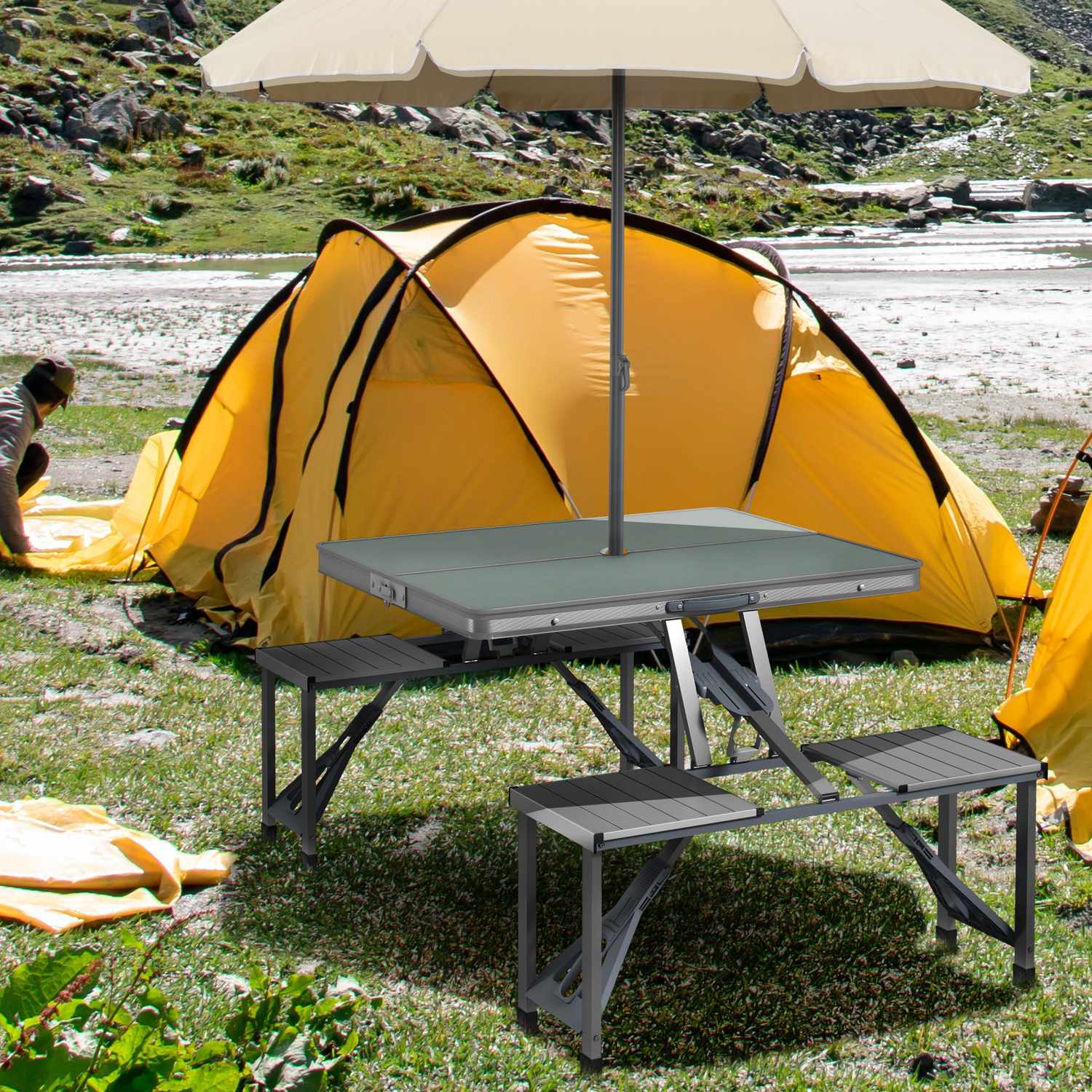 Fällbart campingbord i aluminium med 4 stolar – lätt