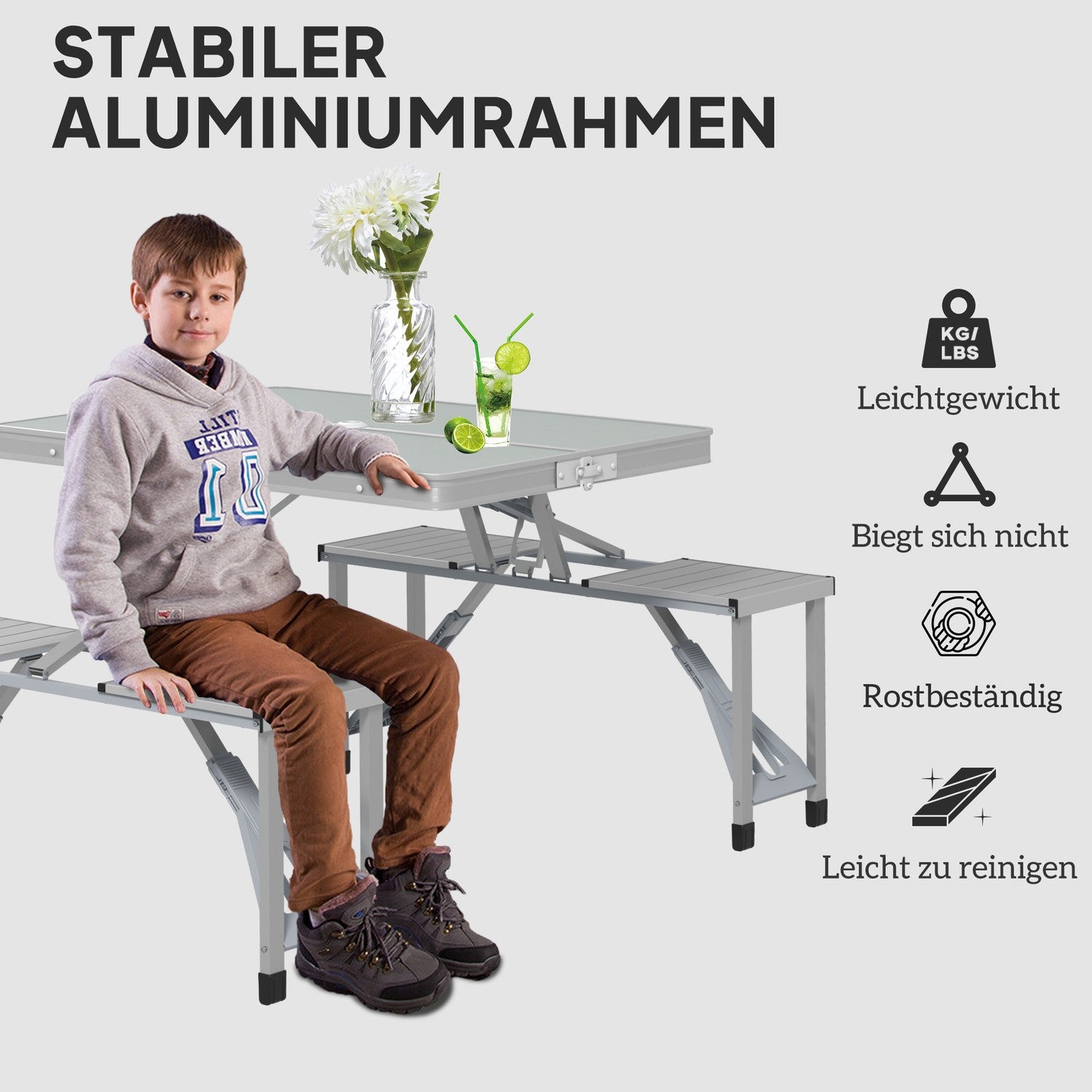 Fällbart campingbord i aluminium med 4 stolar – lätt