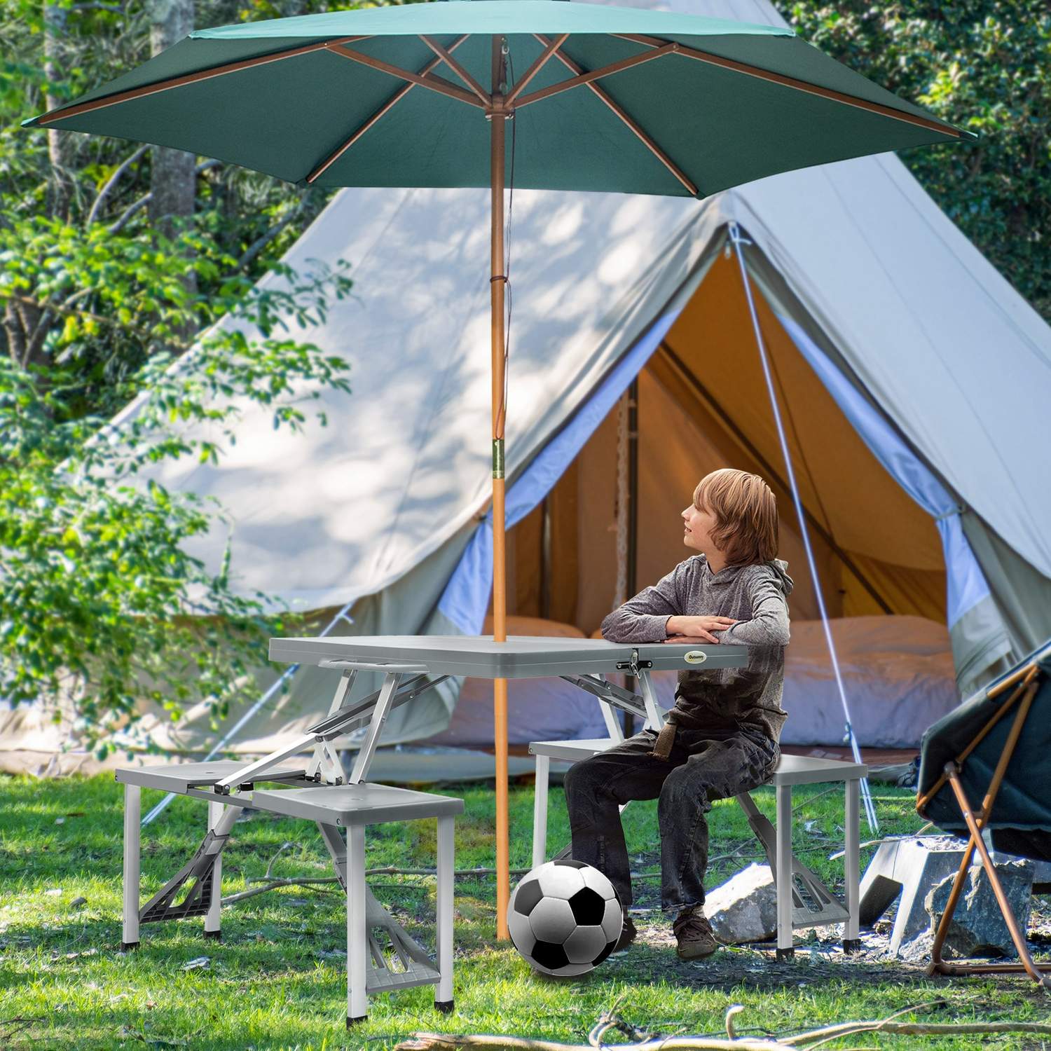 Fällbart camping picknickbord med 4 aluminiumstolar
