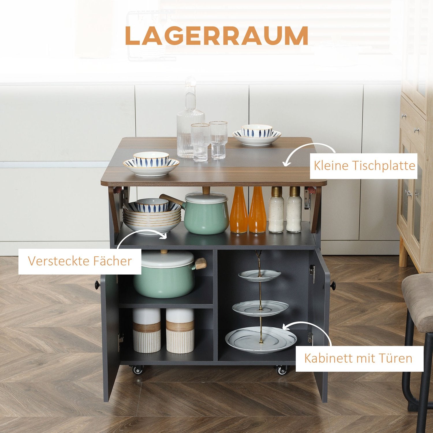 Fällbart matbord med hjul och förvaring, ljusgrå/mörkbrun