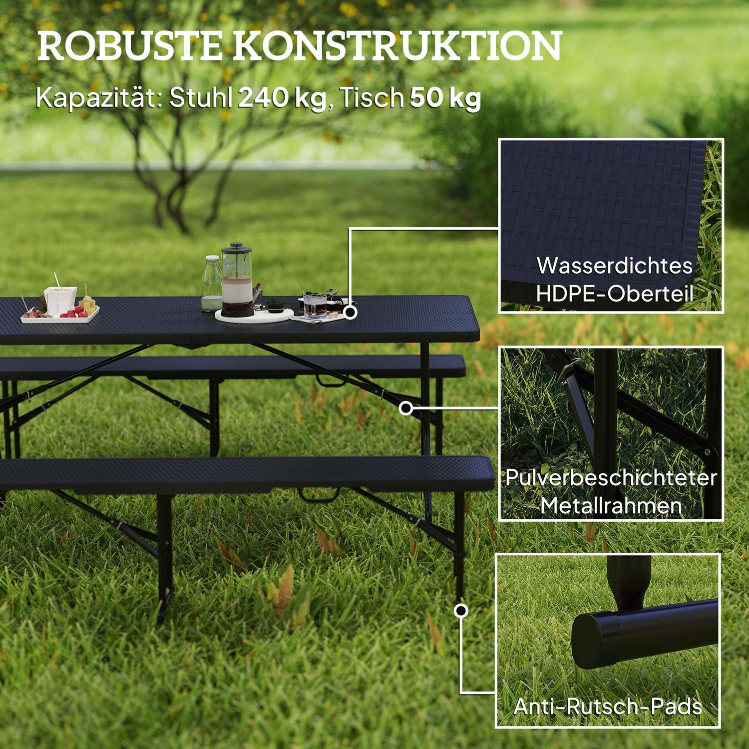 Fällbart picknickbordsset, 3-delat, svart, HDPE & metall