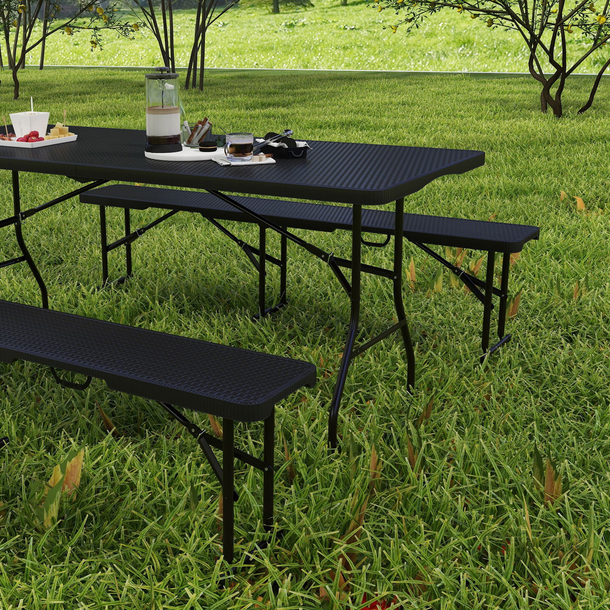 Fällbart picknickbordsset, 3-delat, svart, HDPE & metall
