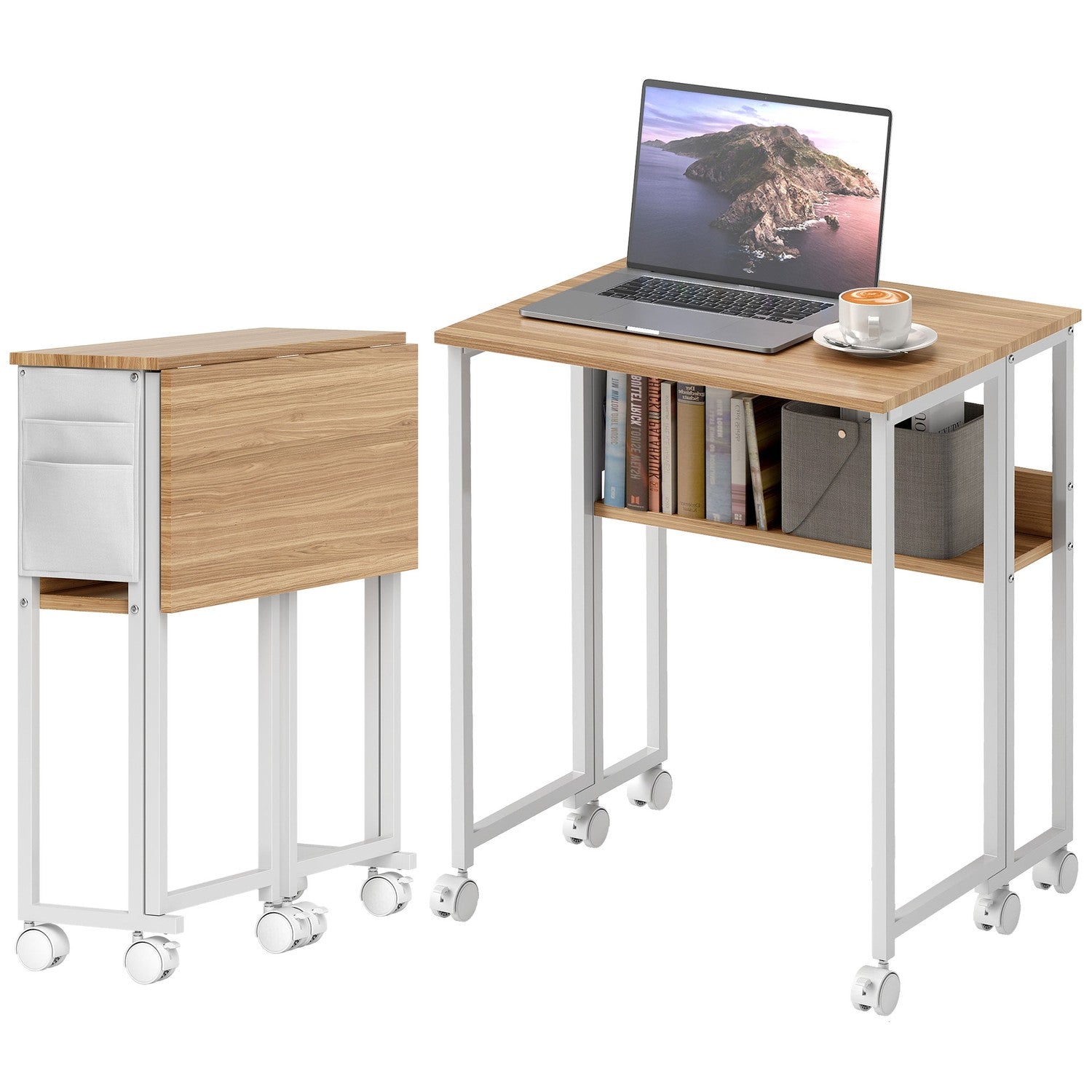 Fällbart skrivbord, konverterbart till sidobord, öppen hylla, natur