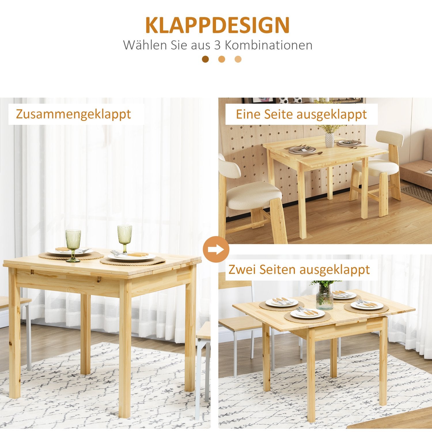 Fällbart träbord för 2-4 personer, naturlig finish, 120x80x75cm