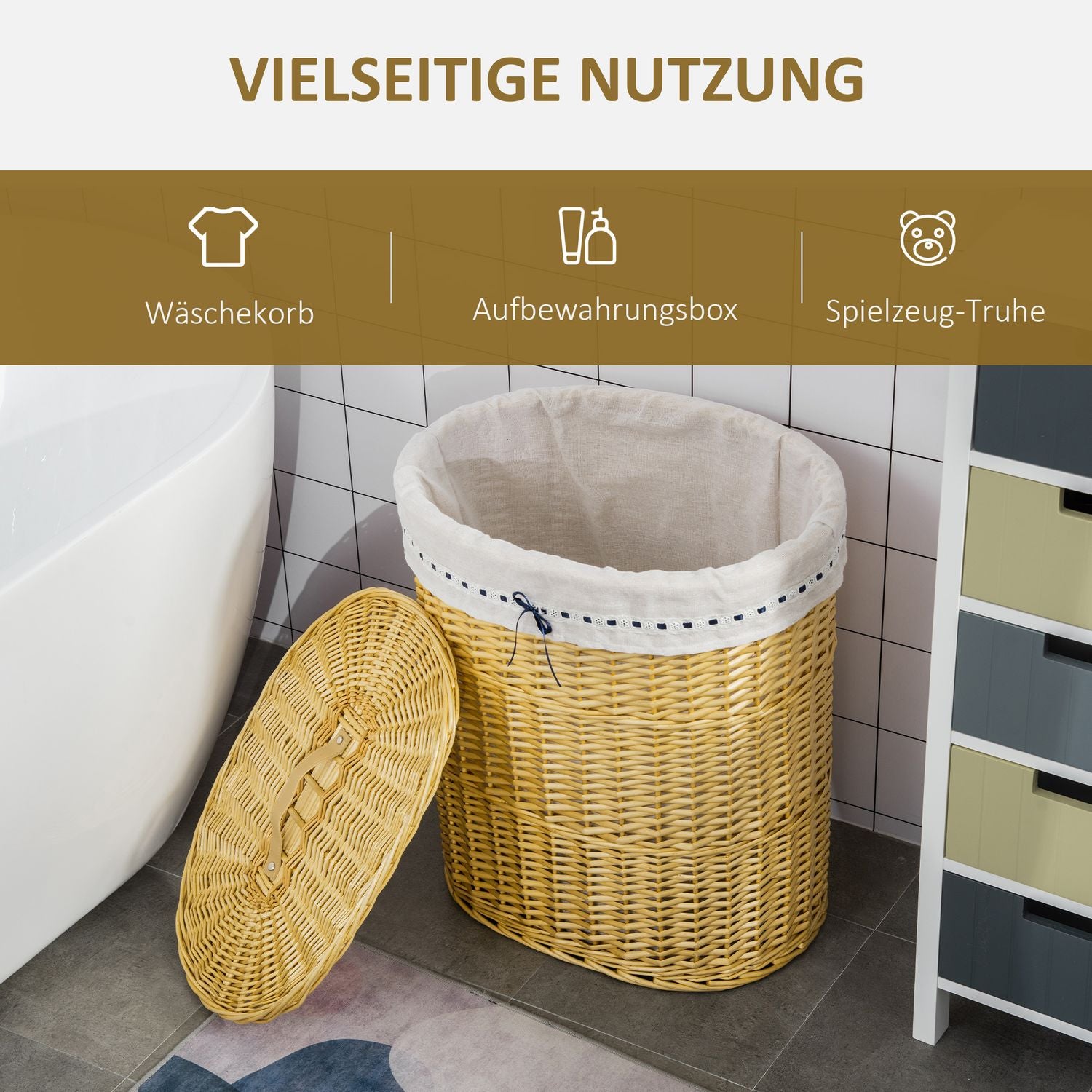 Flätad tvättkorg med lock, 100L kapacitet, naturlig