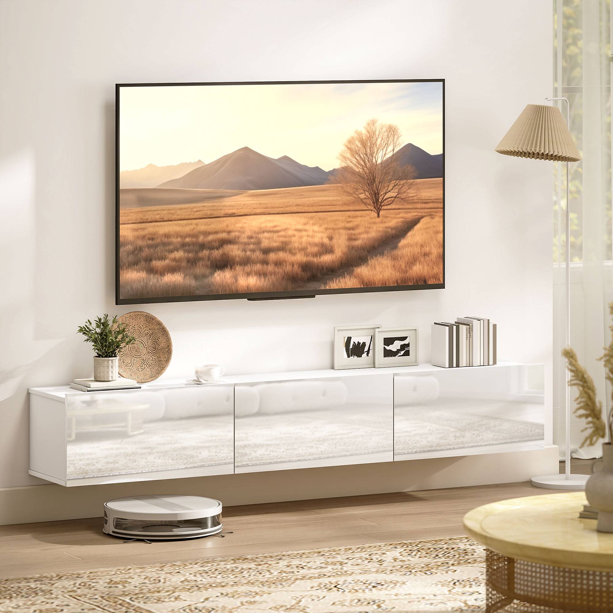 Flytande TV-skåp, väggmonterad, 3 lådor, 180 cm, vit