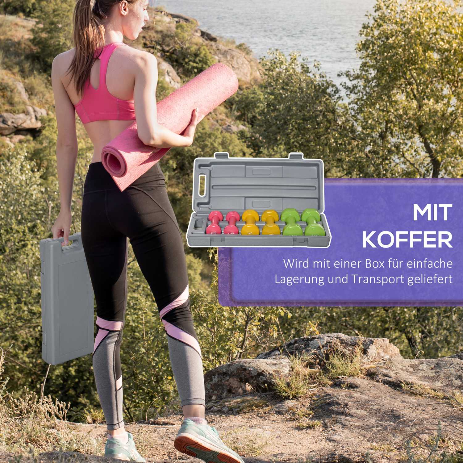 Färgglada hantelset i stål med fodral – 6 vikter för fitness