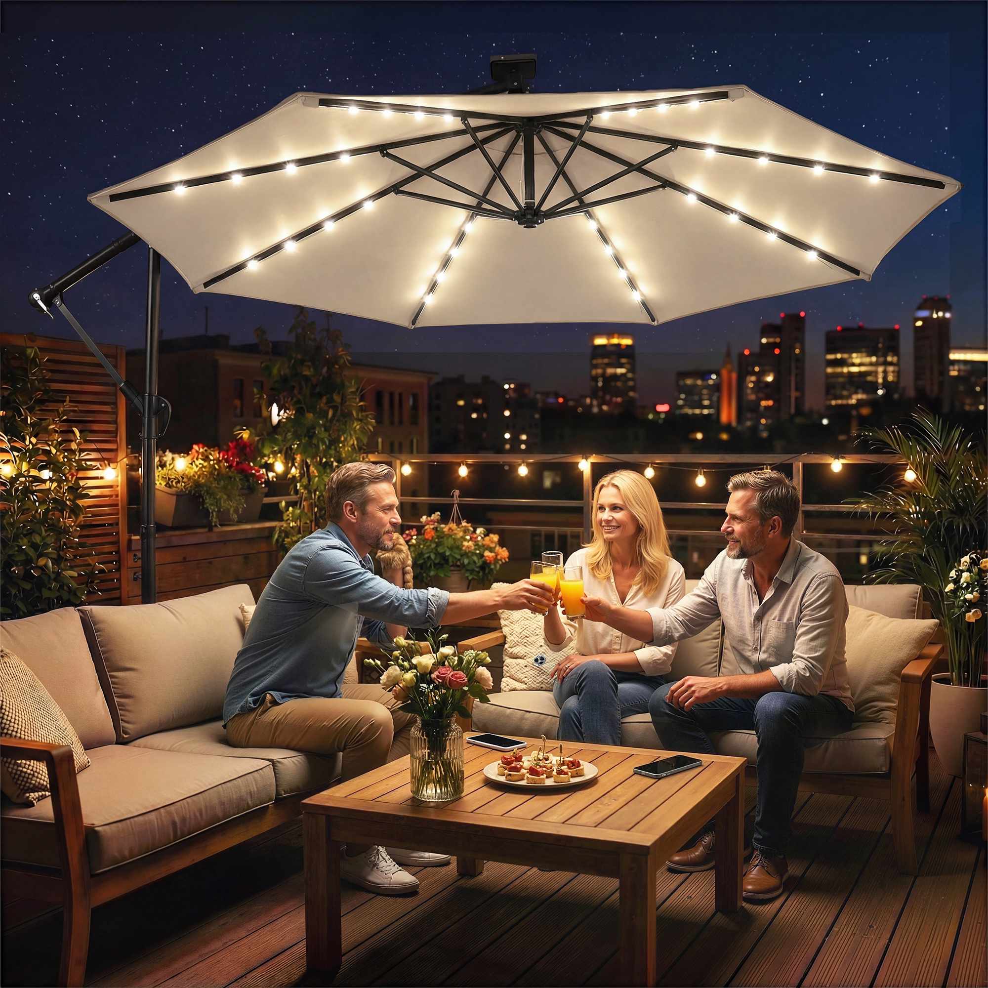 Fribärande parasoll med LED-ljus, 3x3m, beige