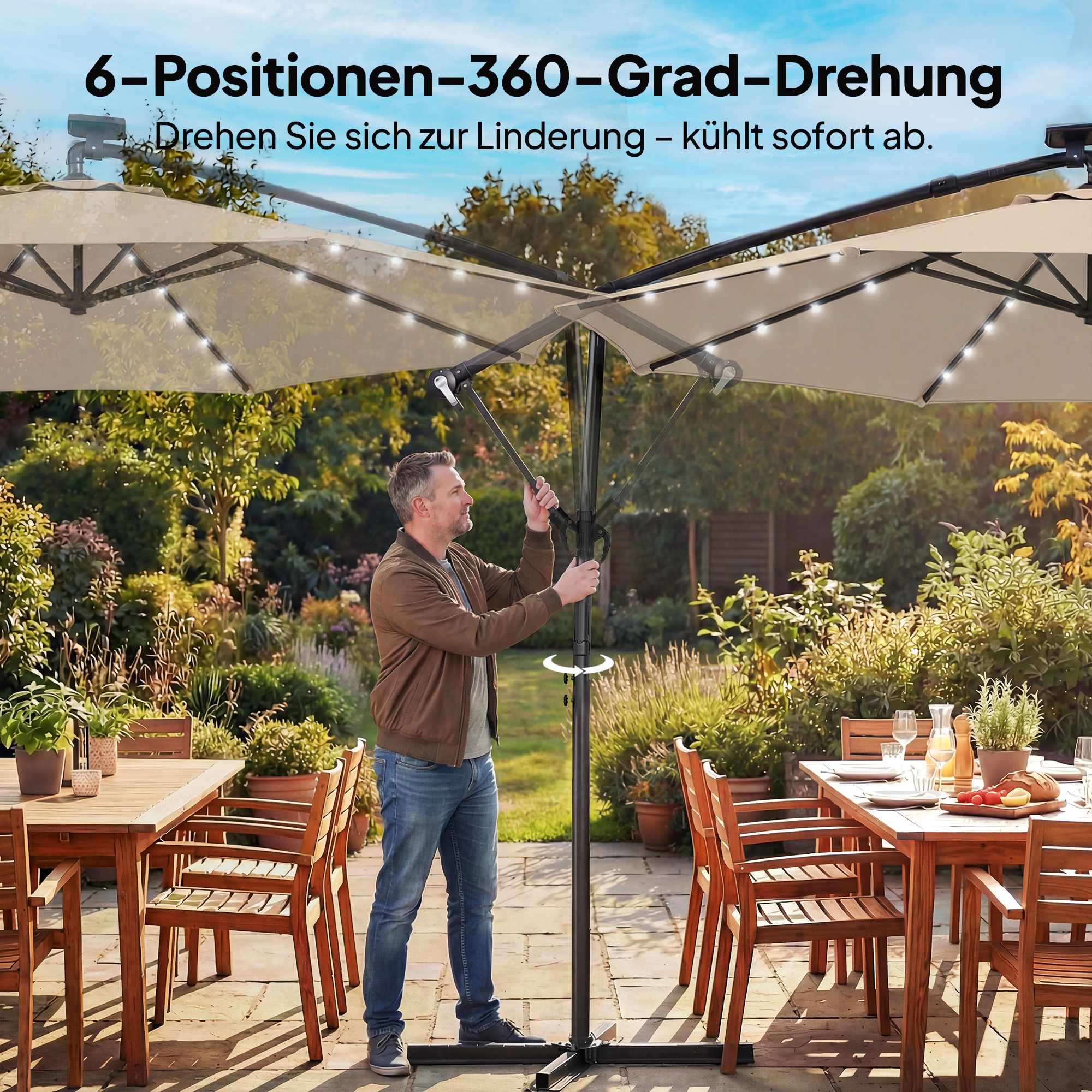 Fribärande parasoll med LED-ljus, 3x3m, beige