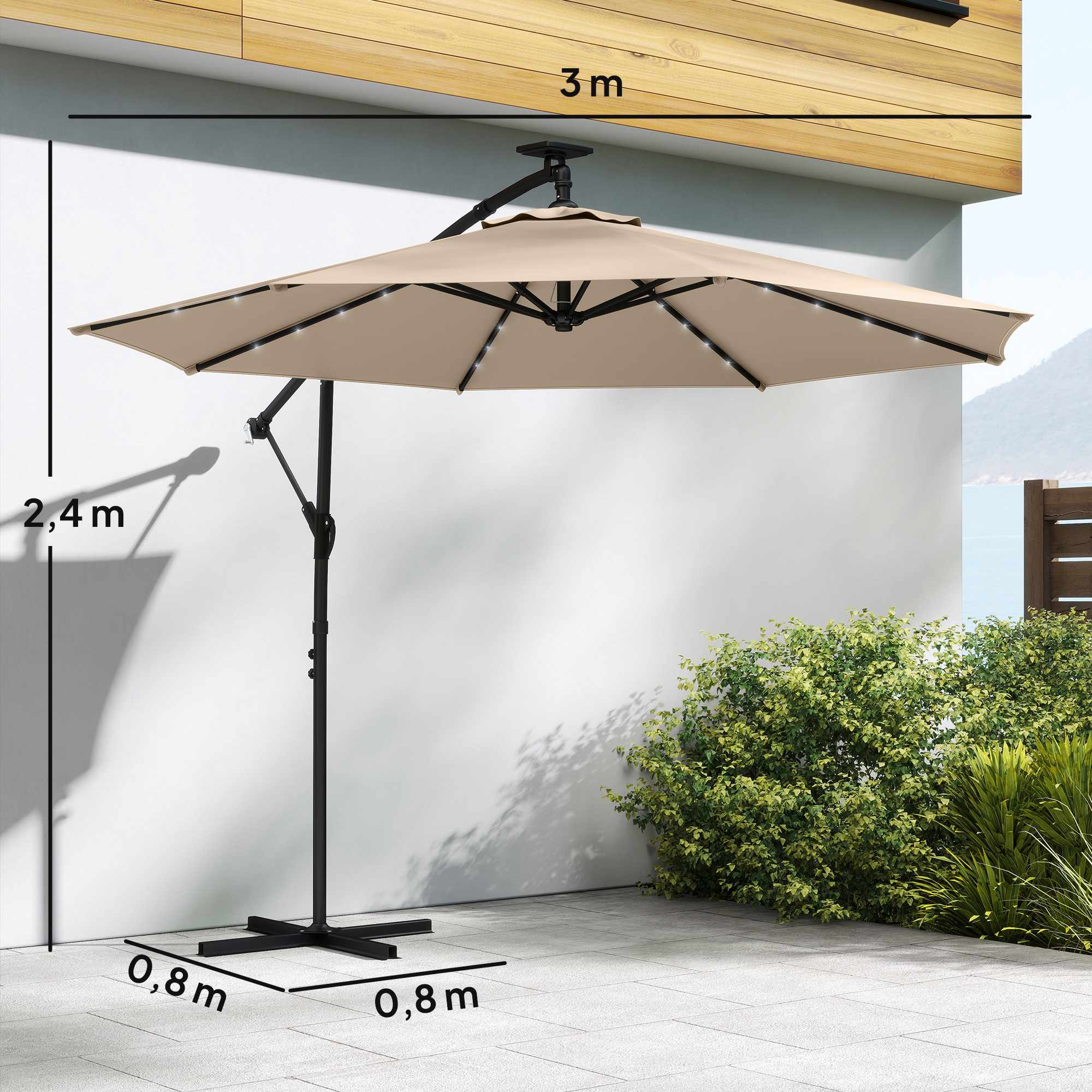 Fribärande parasoll med LED-ljus, 3x3m, beige